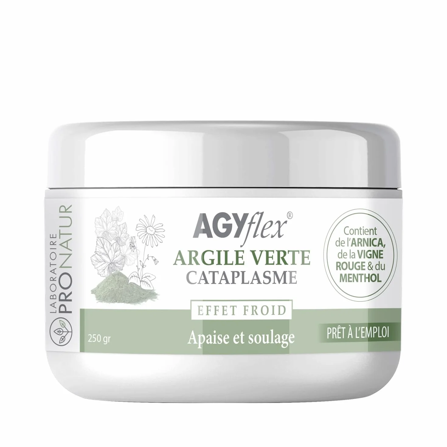 Cataplasme Cryo AGYflex Argile Verte 250g Vigne Rouge Arnica Menthol Bien-être Muscles Articulations Fabriqué en France