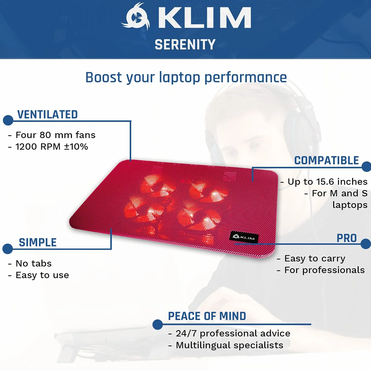 KLIM Serenity Refroidisseur PC Portable 11"-15.6" Support Ventilé Silencieux Grille Métal (Rouge)