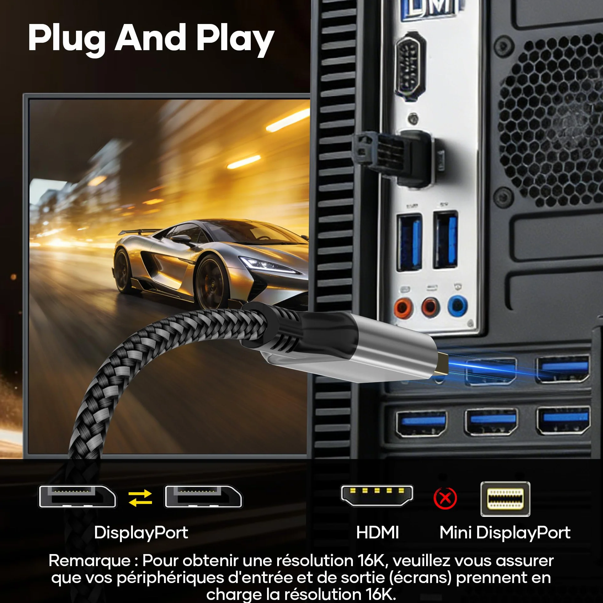 Câble DisplayPort 2.1 16K 5m 80Gbit/s HDR FreeSync G-Sync DSC 1.2a HDCP 2.2