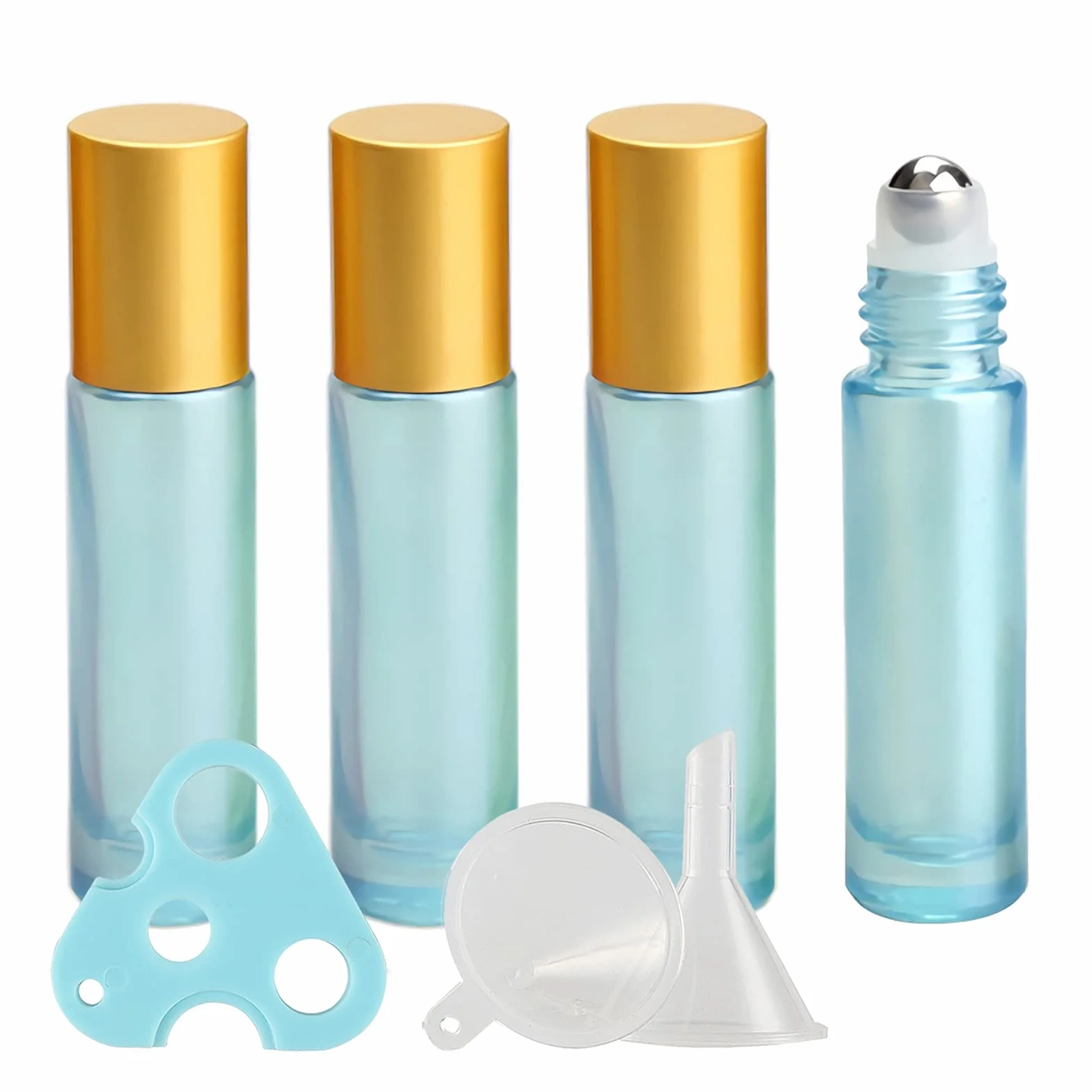 Flacons à Bille pour Huiles Essentielles 10ml Lot de 4 – Bouteilles Roll-on en Verre Bleu avec Couvercle Or et Rouleau en Acier Inoxydable
