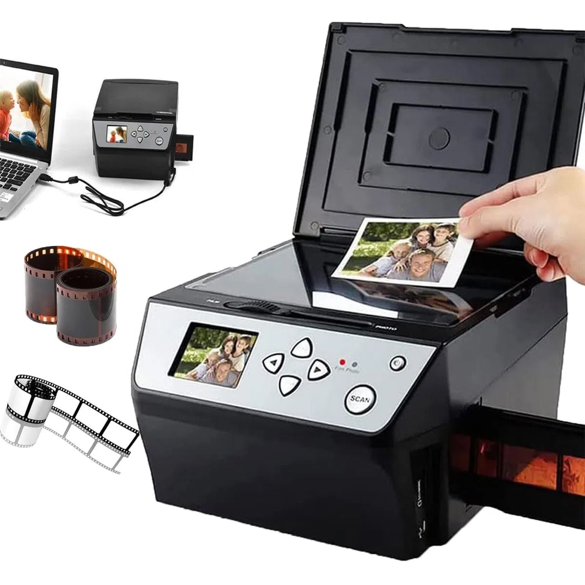Scanner multifonction USB (film, diapositives et photos) - Convertit des films de 135 et 110 mm, des diapositives de 35 mm et des photos, des documents et des cartes de visite en fichiers Jpg