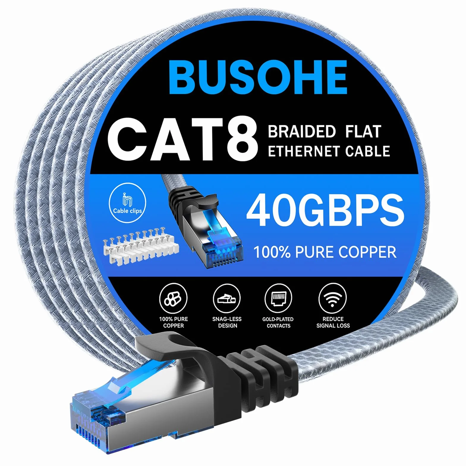BUSOHE Câble Ethernet Cat 8 20m, Câble Réseau LAN Gigabit RJ45 Plat Haut Débit 40Gbps 2000Mhz