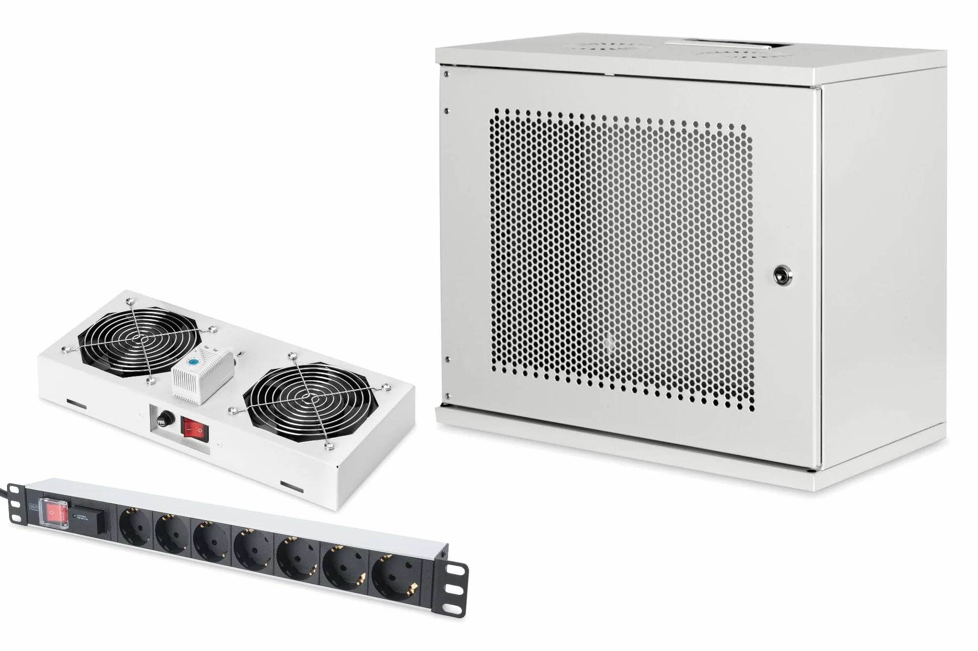 DIGITUS Set: Armoire réseau 19" 9U + Ventilateur de Toit + Bloc multiprise 7 Ports // Rack 19 Pouces - Non monté - Montage Mural - Charge 60 kg - Profondeur utile 170-270 mm - Porte Acier