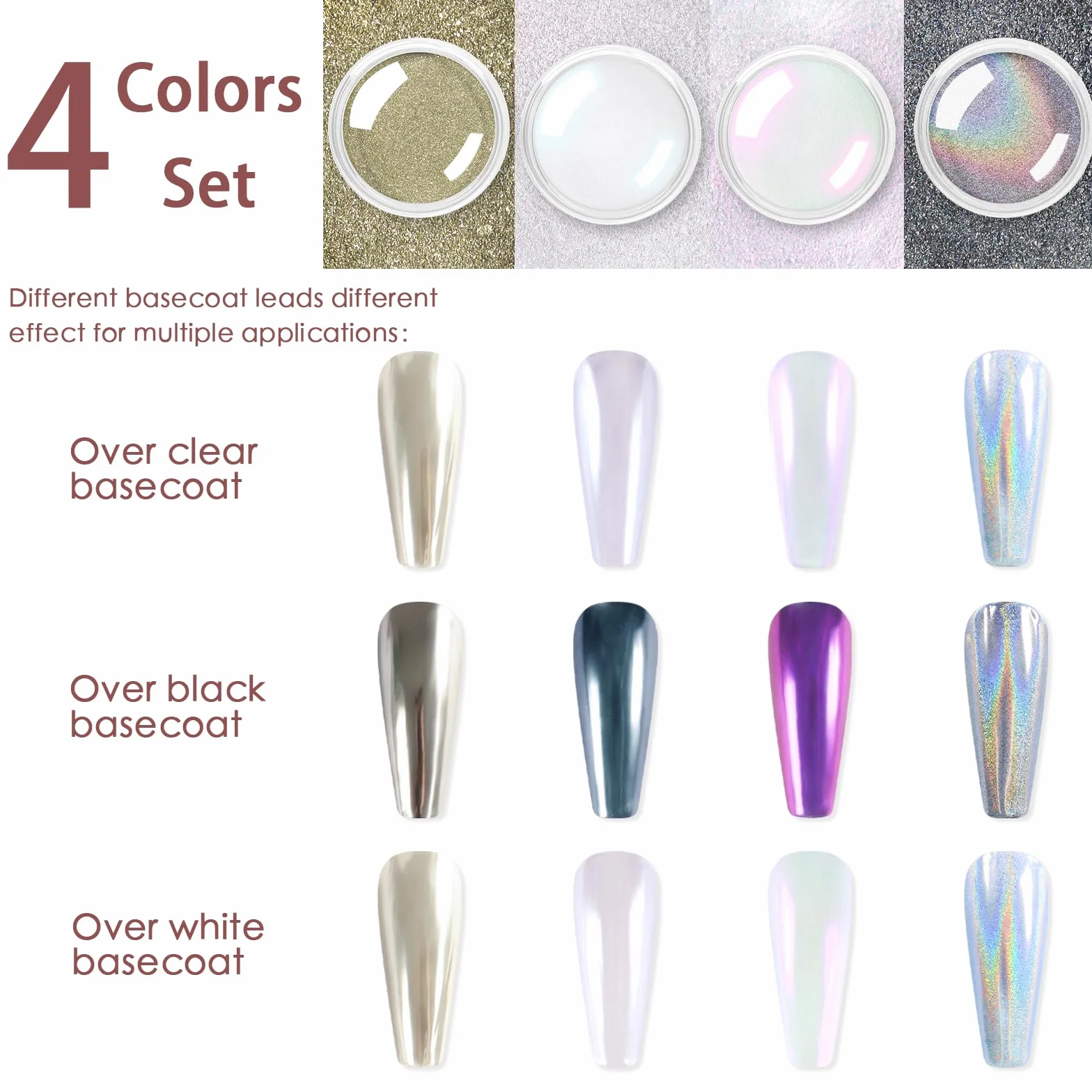 Allstarry Chrome Ongle 4 Couleurs Poudre Or Argent Holographique Aurora Miroir Métallique Paillettes Nail Art