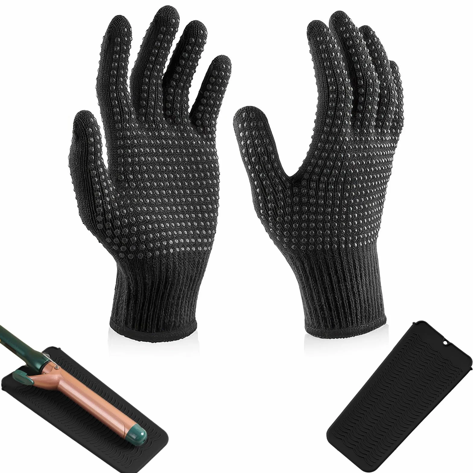 Gants Résistants à la Chaleur pour Fer à Friser avec Coussin d'Isolation Thermique en Silicone, Noir