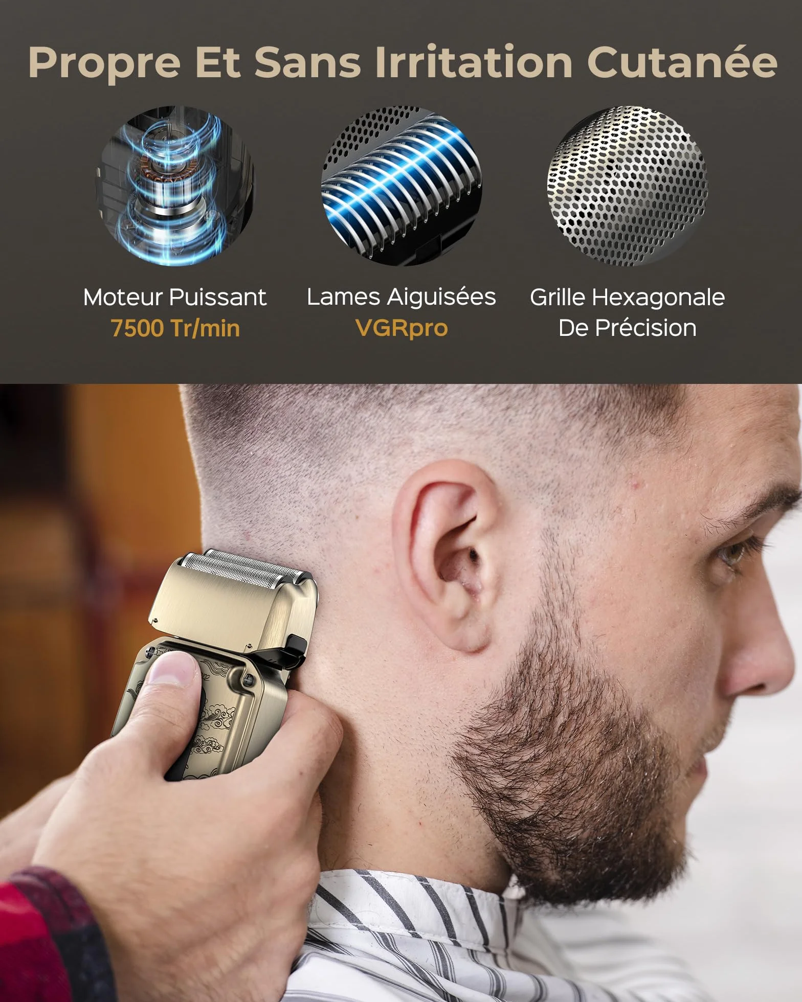 VGRPRO Tondeuse Cheveux Hommes Sans Fil Imperméable Rasoir Barbe 4 Vitesses LED