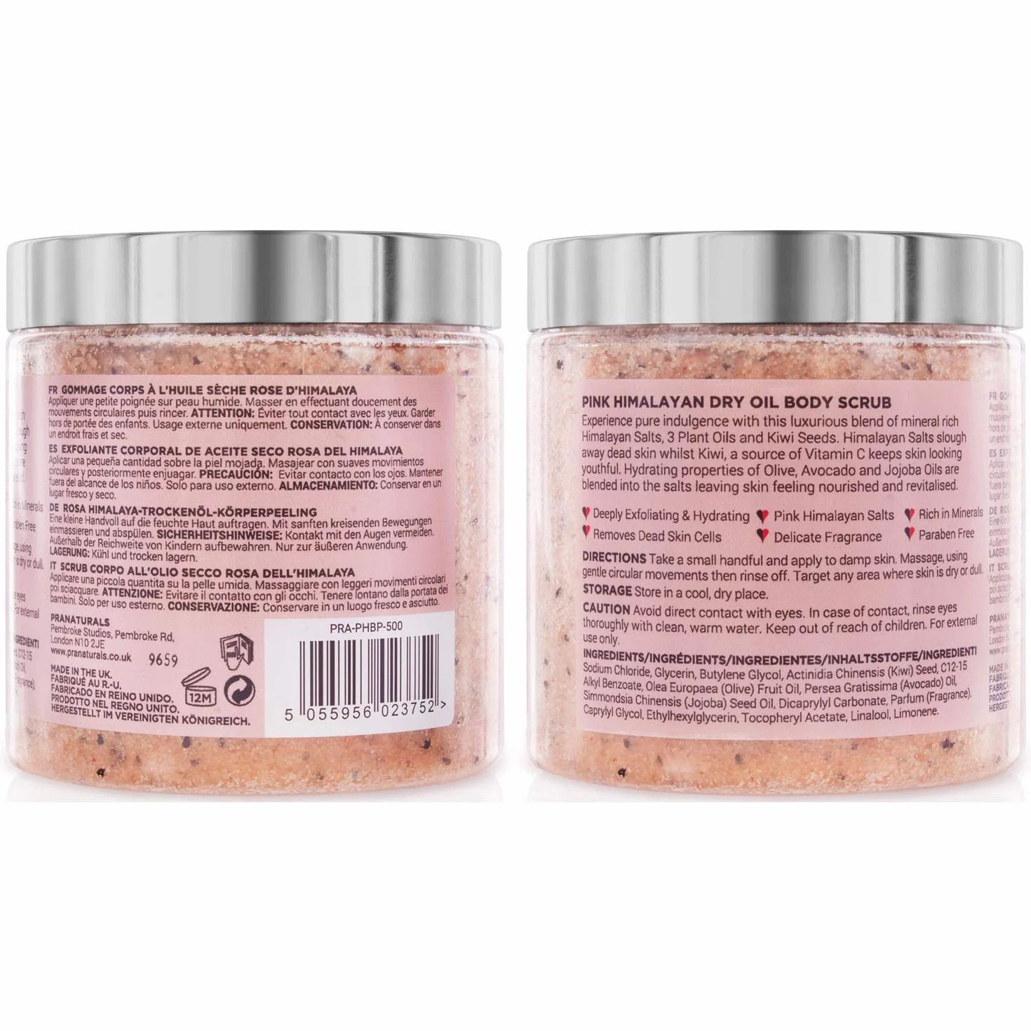 PraNaturals Gommage Corporel au Sel Rose de l'Himalaya 500g - Riche en Minéraux & Vitamines, Élimine Cellules Mortes, Revitalise