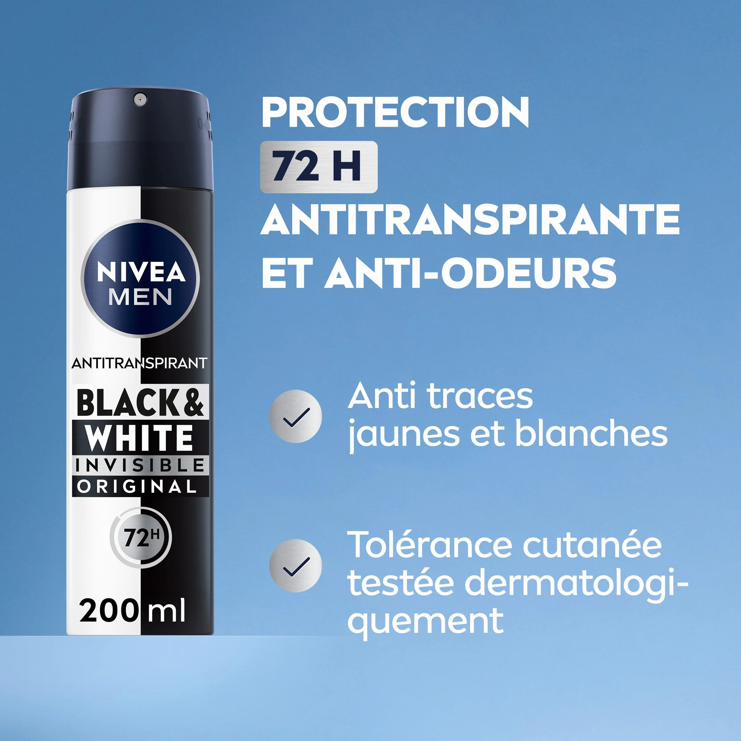 NIVEA MEN Déodorant Spray Black & White Invisible 200 ml Anti-traces Anti-transpirant 72h