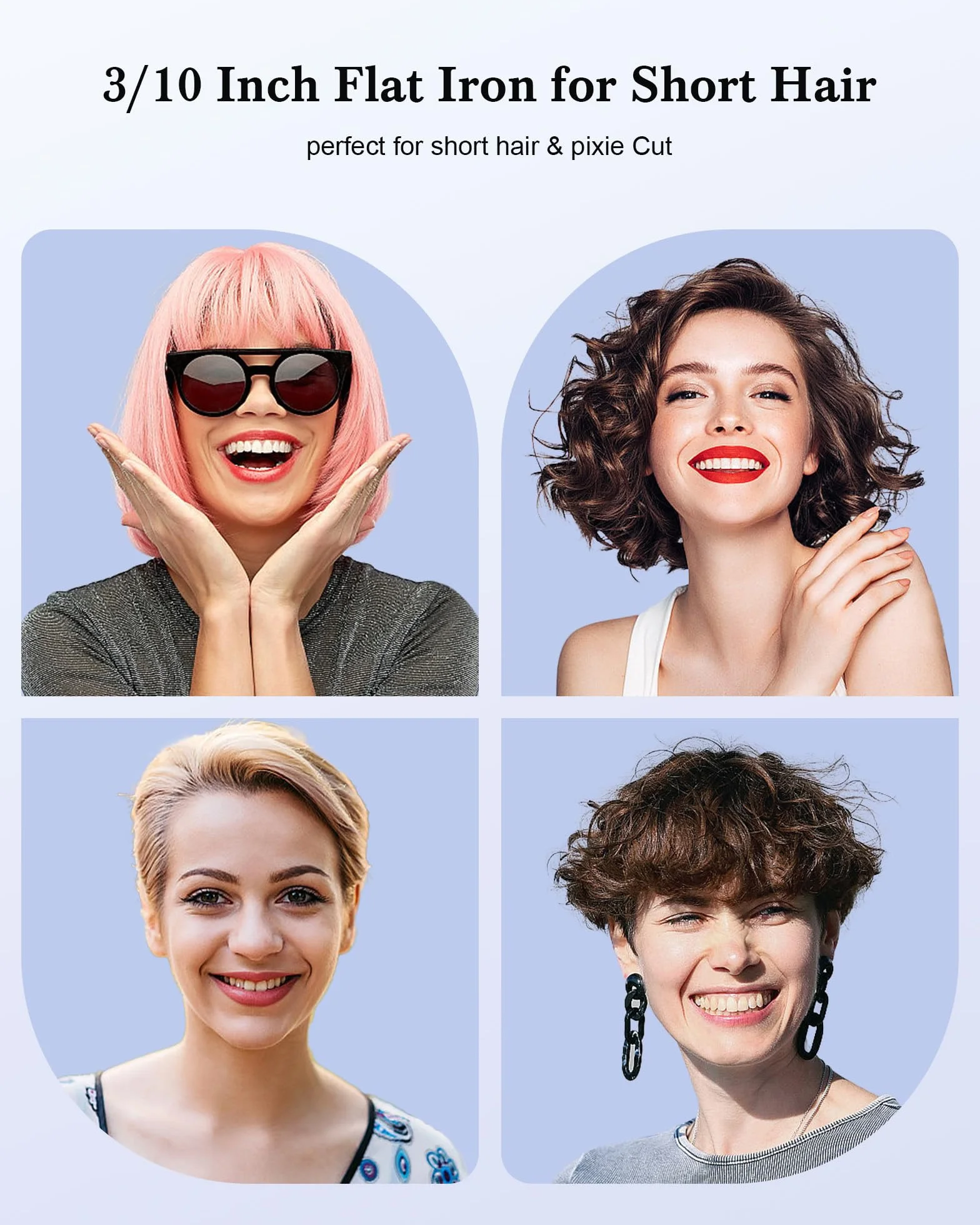 Mini Lisseur Cheveux Courts 2 en 1, Fer à Lisser et Boucler 3/10 Pouce, 9 Températures 90-220°C, Chauffage Rapide 15s, Double Voltage Voyage