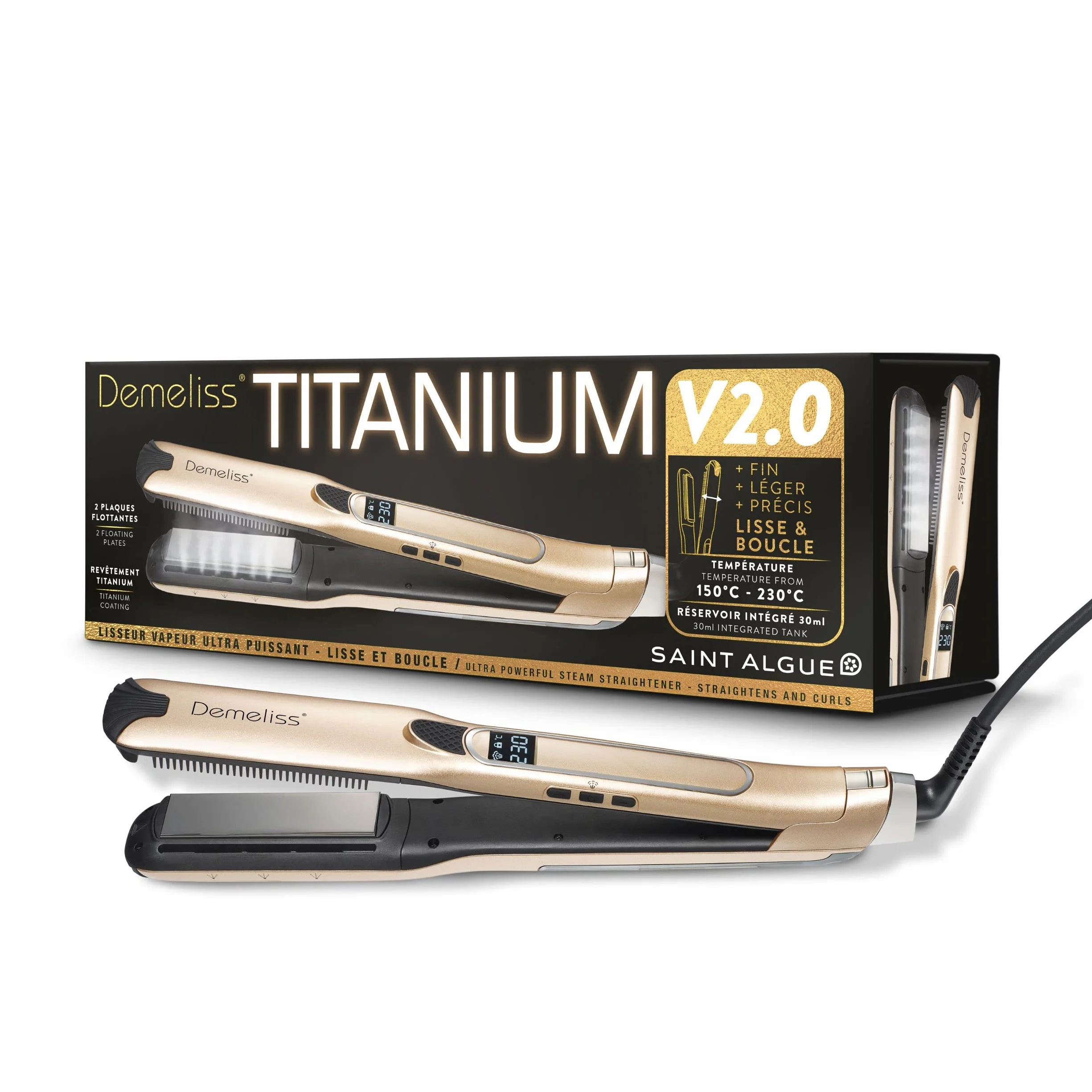 Demeliss Lisseur Vapeur Titanium V2.0 Fer à Vapeur 2 en 1 Plaques Flottantes Fines