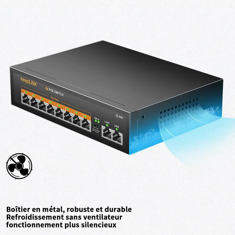 10 Port Gigabit PoE Switch, 8 Ports 1000Mbps PoE+, 2 Ports 1000Mbps Uplink, Puissance intégrée de 120 W IEEE802.3af/at, Plug and Play Non géré en métal sans Ventilateur
