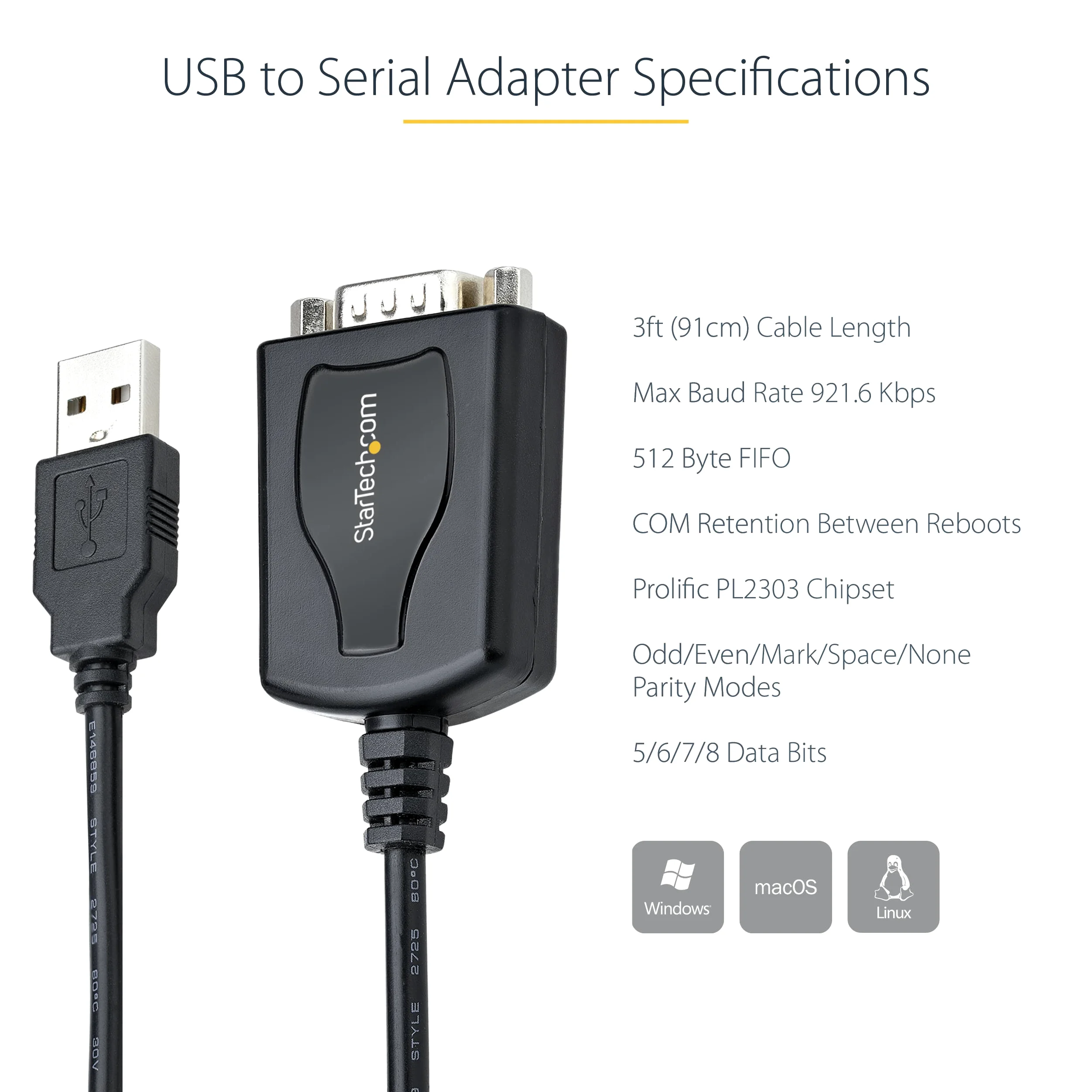 StarTech Câble USB vers RS232 1m, DB9 Mâle, Prolific (1P3FPC-USB-SERIAL) | Retention COM, Convertisseur, Windows/Mac, Pour PLC/Imprimante/Scanner