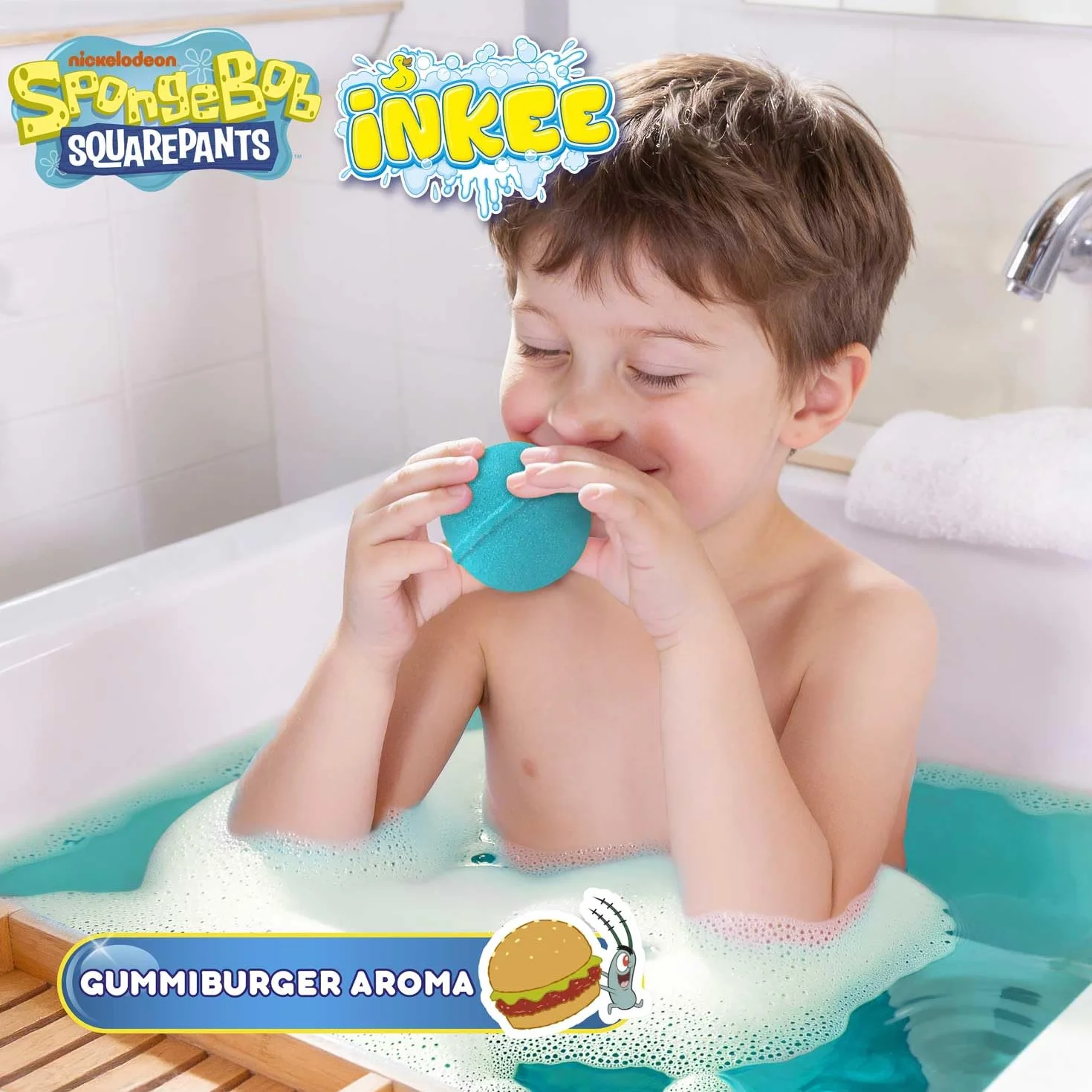 INKEE Bob l'Éponge GOLD EDITION Boule de bain surprise Figurine collection Tatouage enfant Parfum Pastèque 100g