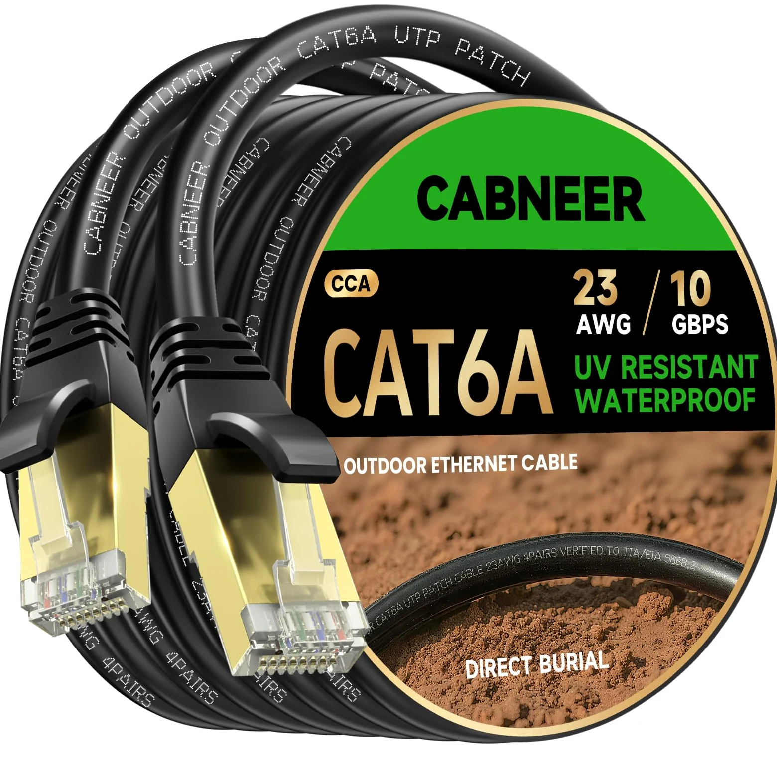 Cable Ethernet Extérieur Cat 6A 100m 23 AWG LLDPE 10 Gbps 550MHz, Résistant UV/Intempéries, Enfouissement Direct, Câble RJ45 Réseau Internet Gigabit Haute Vitesse UTP CCA, 80 Attaches Noires