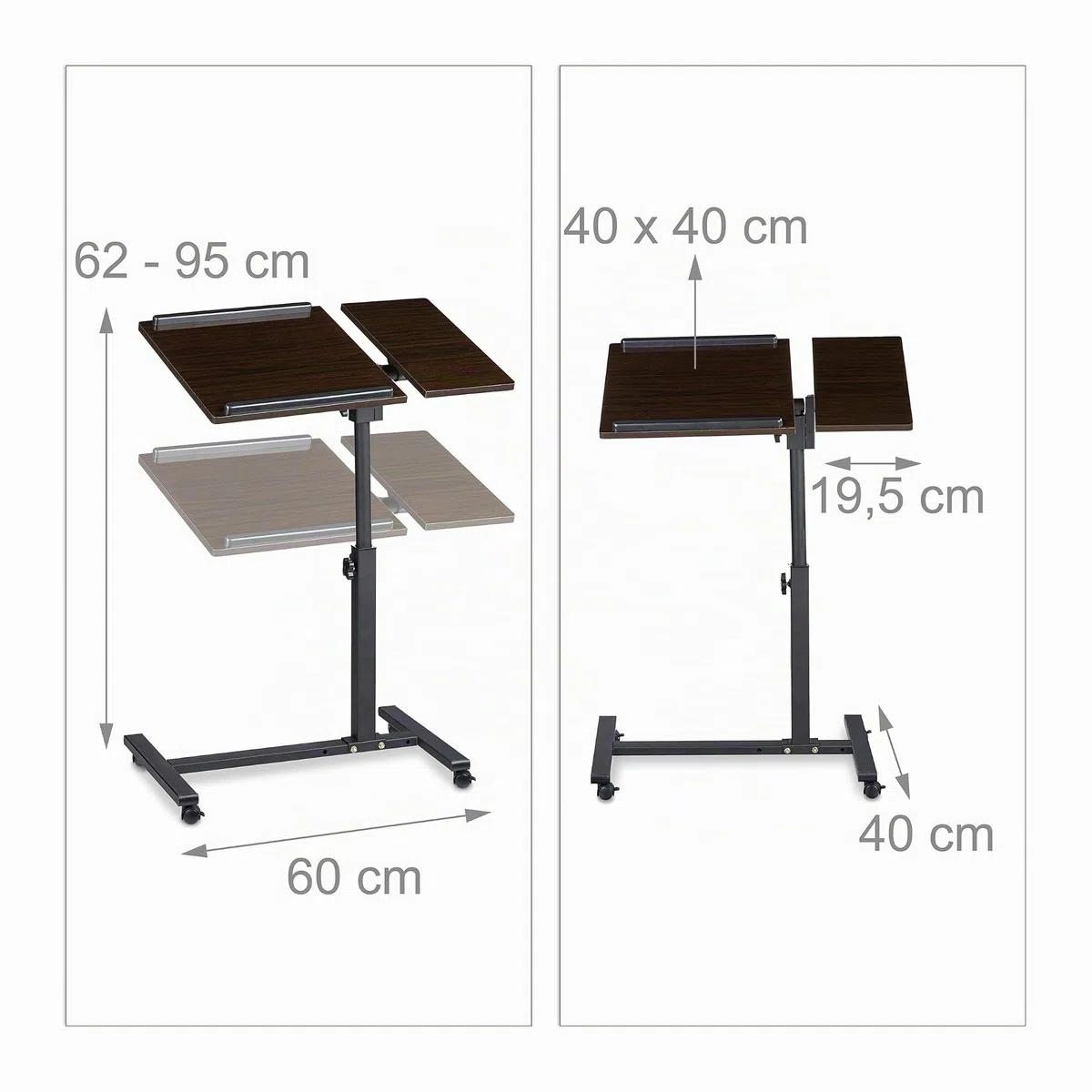 Relaxdays Table Ordinateur Portable Hauteur réglable XL 95 x 60 x 40 cm Bois Support avec 4 roulettes tablettes Noir