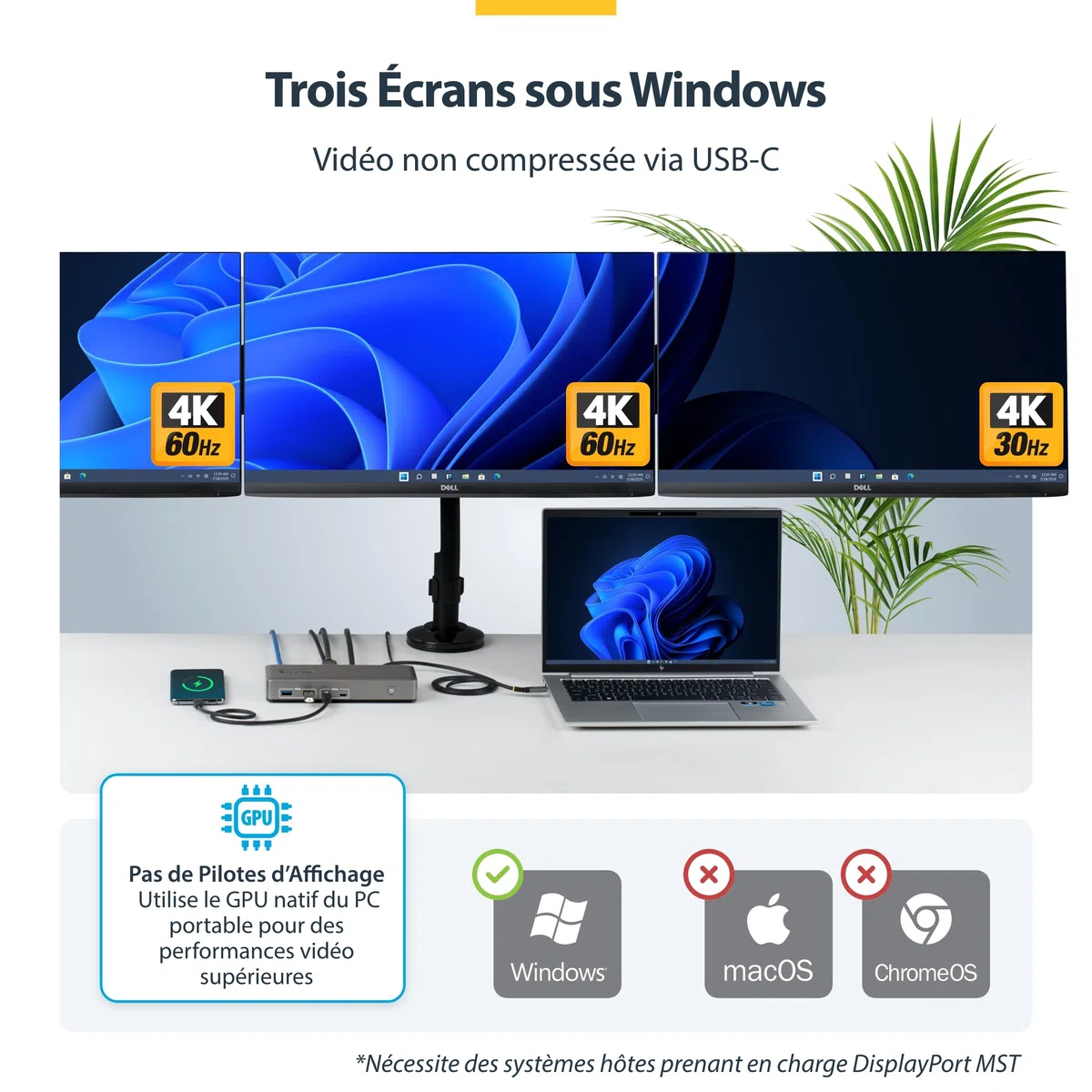 StarTech Dock USB-C Windows sans Pilote, Triple 4K, DP/HDMI, 100W, 6X USB