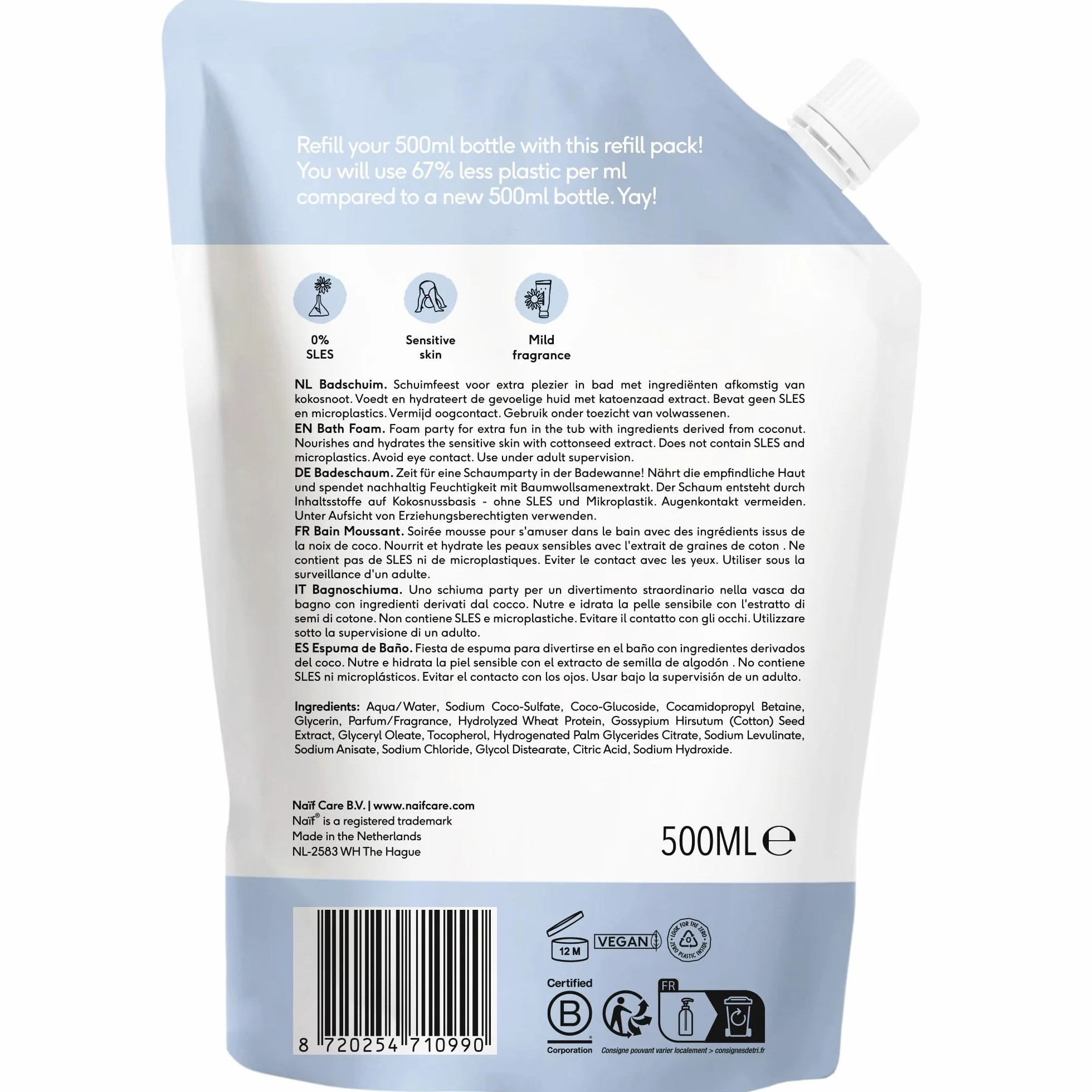 Naïf Bain moussant nourrissant recharge pour enfants à l'huile de coton 500 ml