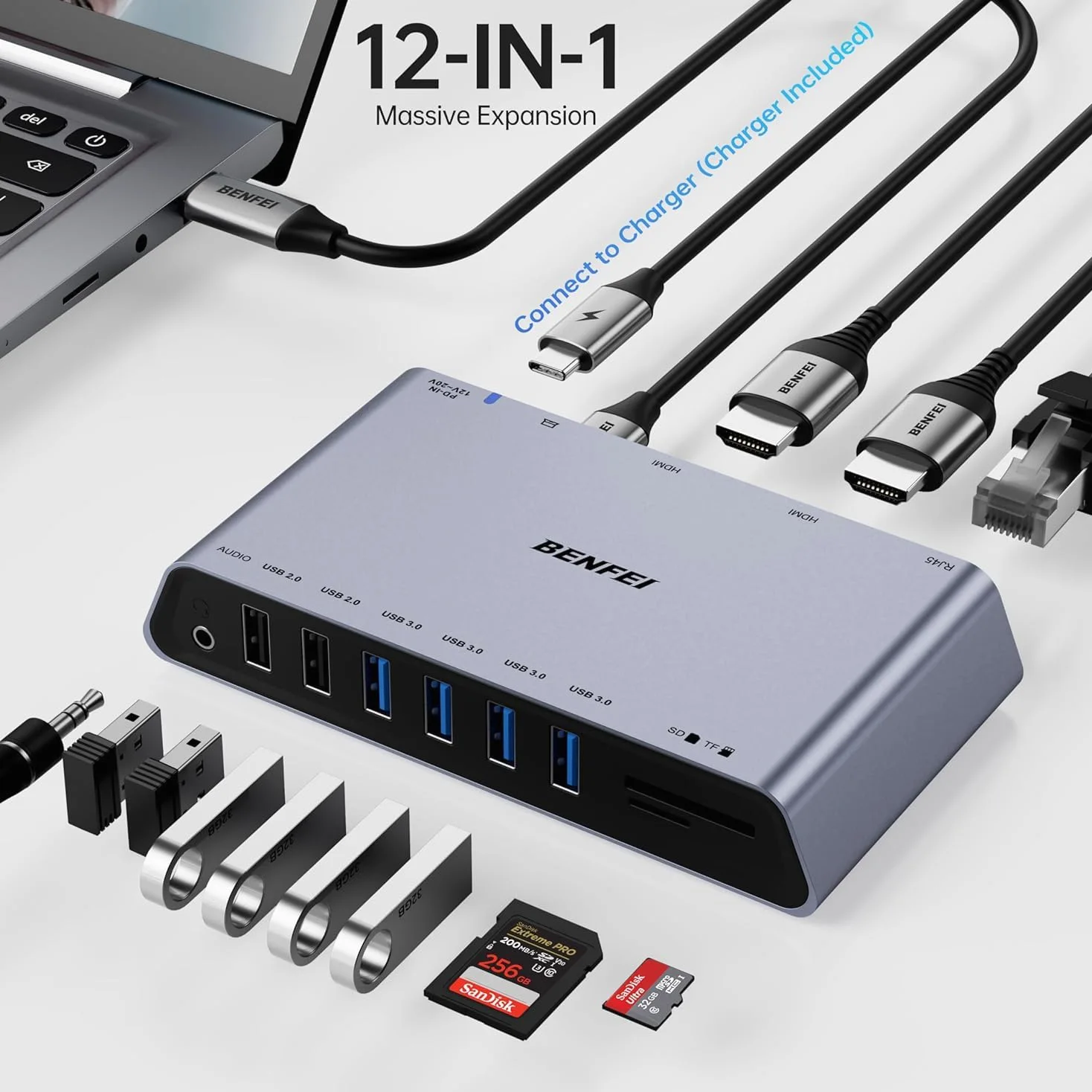 BENFEI DisplayLink Station d'accueil universelle USB 3.0 12 en 1 avec double affichage HDMI/6 ports USB/lecteur de cartes SD/TF/réseau Gigabit Ethernet/prise casque femelle 3,5