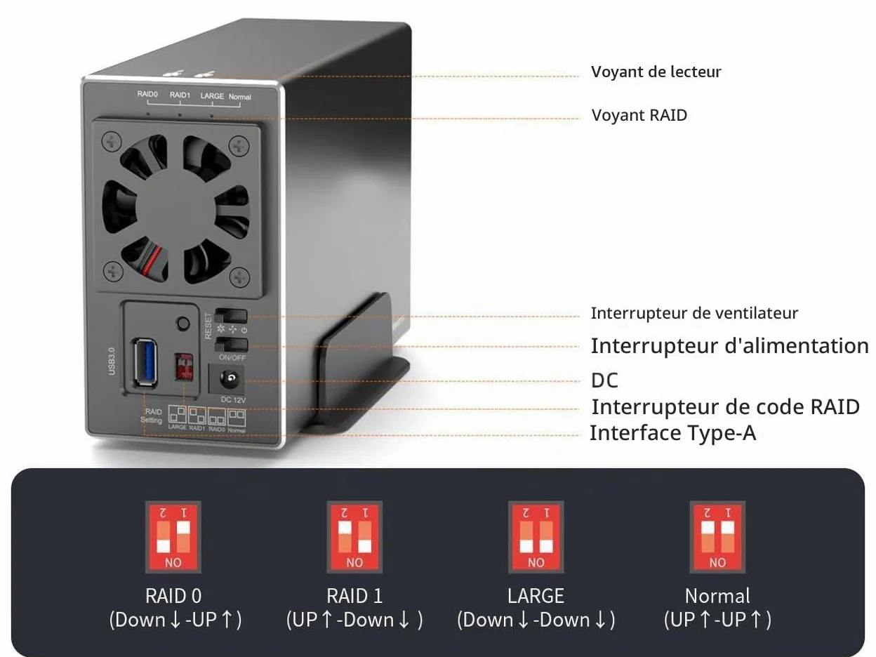 KALEA-INFORMATIQUE Boîtier Raid USB 3.0 pour 2 disques SATA | Boîtier baie USB 3.0 5 Gbit/s pour deux disques SATA, capacité jusqu'à 32 To et RAID matériel 0/1/0+1.