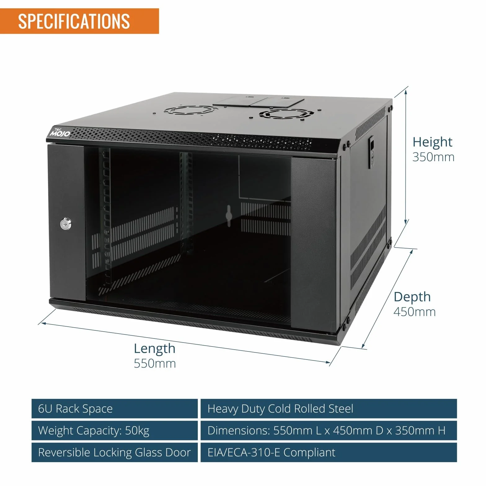 Armoire Réseau 19 Pouces 6U 450mm Murale Porte Vitrée Verrouillable Noir