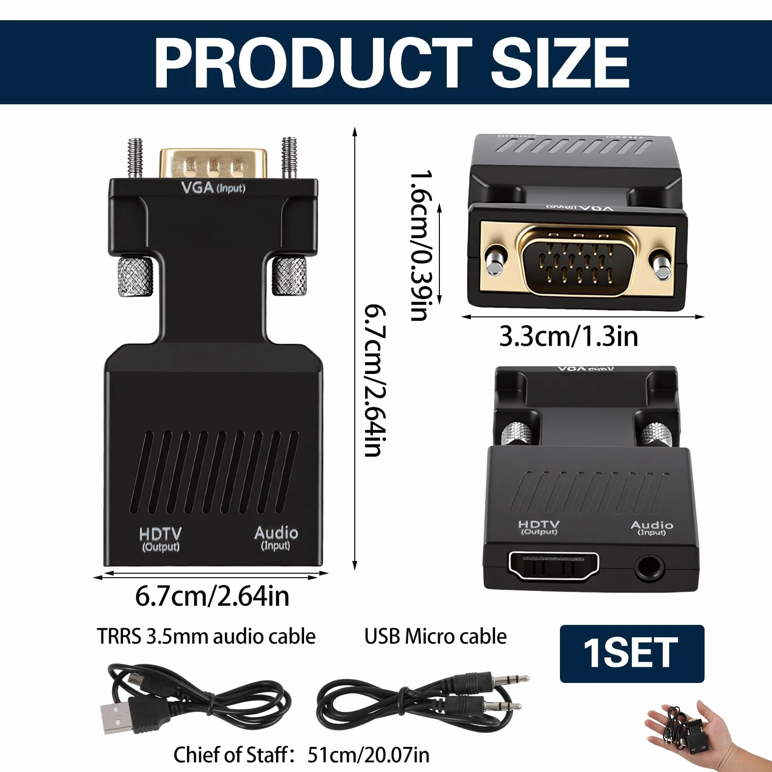 Adaptateur VGA vers HDMI Audio 1080P Convertisseur Mâle Femelle Jack 3.5mm Câble USB