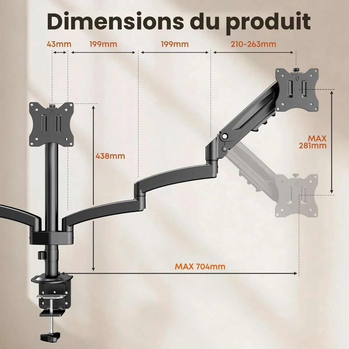 PUTORSEN Support 3 Écran PC Moniteur, Premium Aluminium Bras Articulé Ergonomique Ressort Gaz pour Triple Écrans 17-27", Hauteur Réglable Inclinaison Pivot et Fixation Bureau, Bras Supporte 7kg