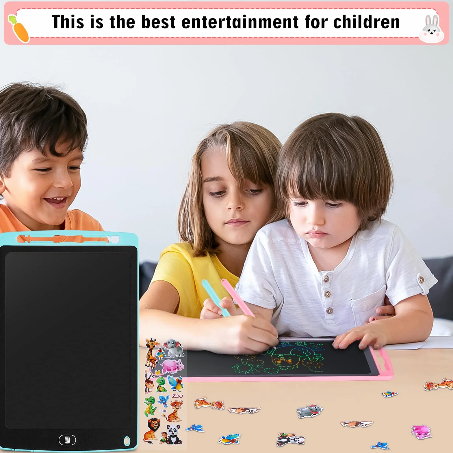 Tablette D'écriture LCD 10 Pouces avec Ecran Coloré, Bloc Effaçable Autocollants Animaux pour Enfants 3-6 Ans, Bleu + Rose