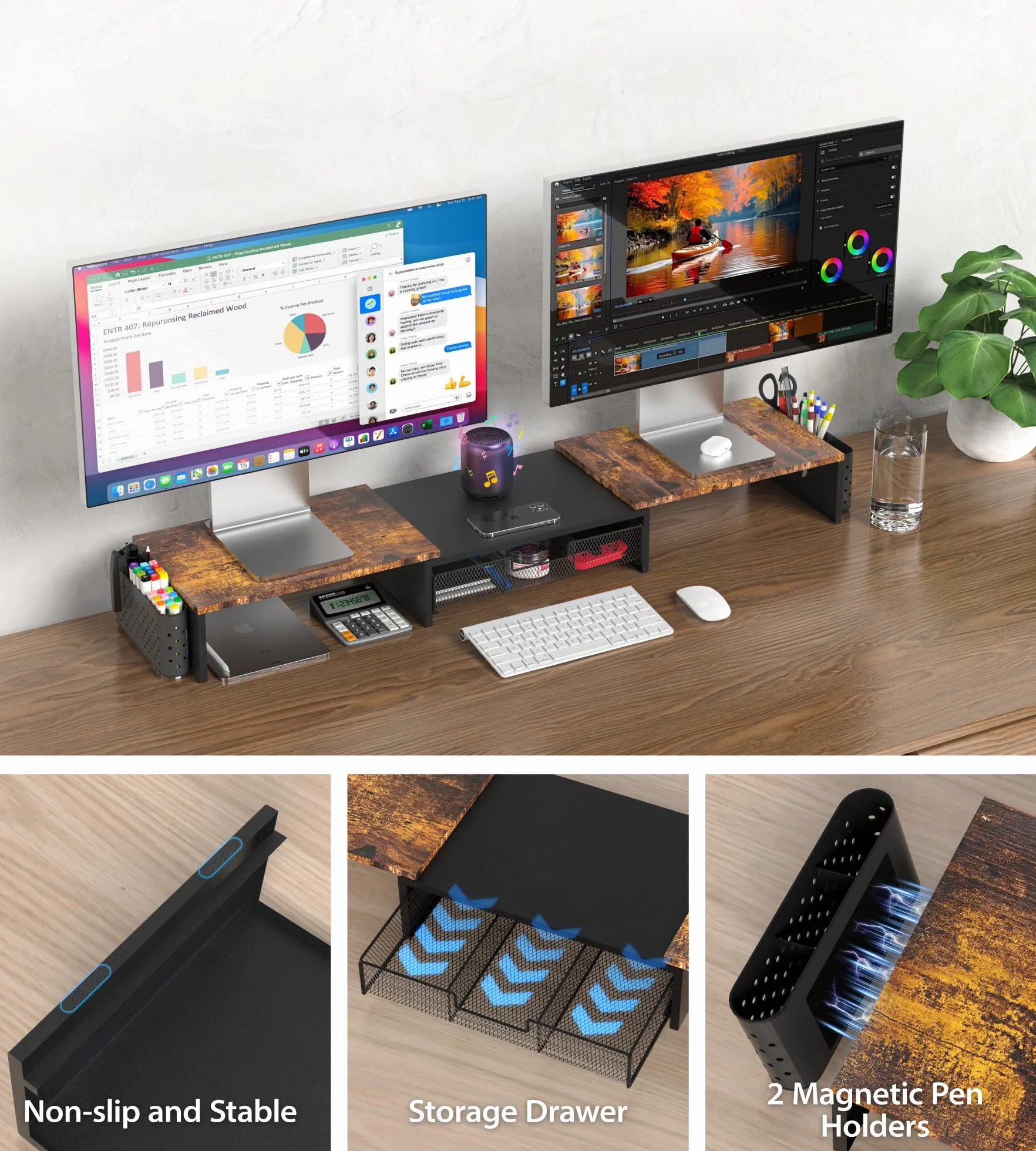 MOWETOO Support Double Moniteur Réglable en Bois avec Tiroir et Porte-Stylos, Rangement Multifonction