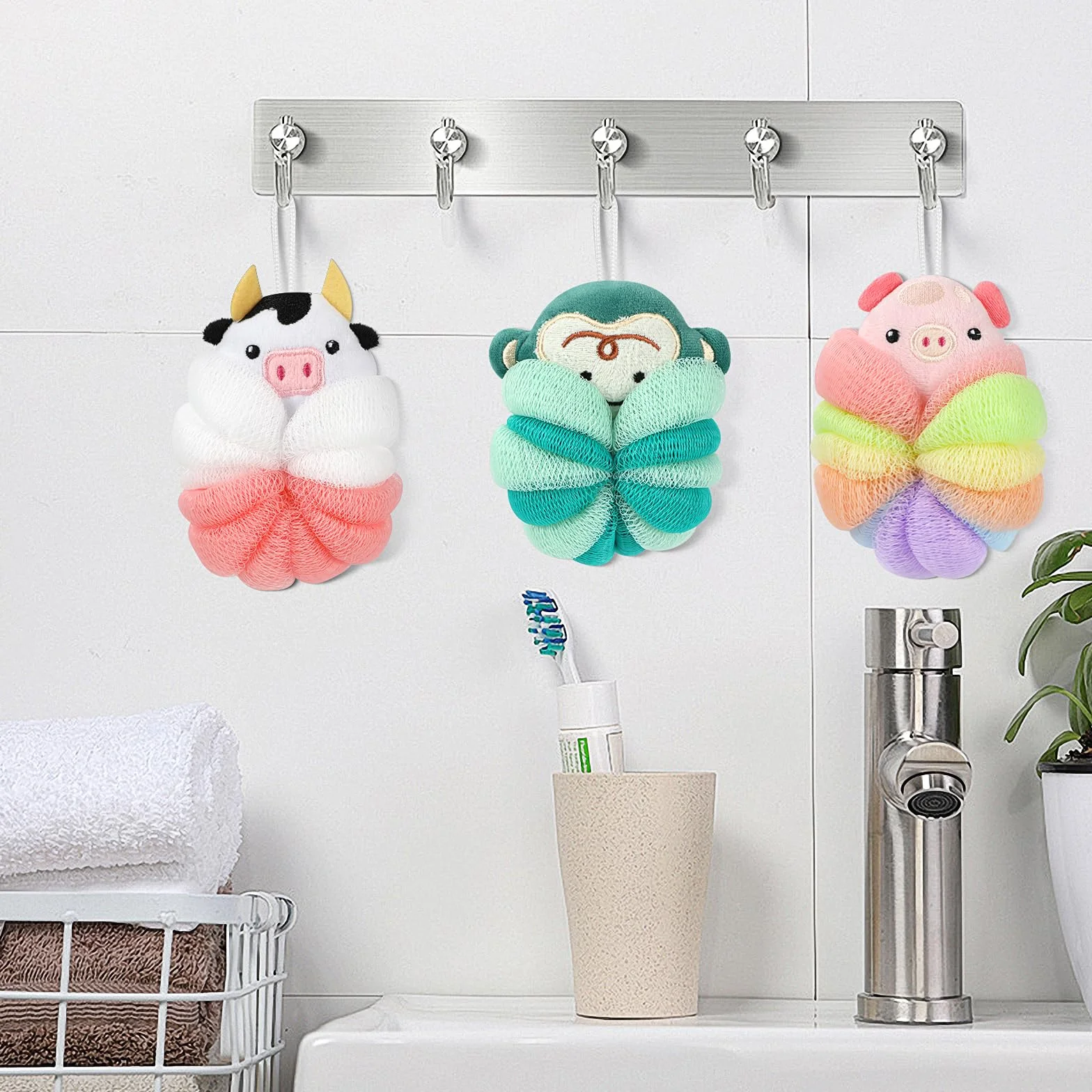 PHOGARY Lot de 3 Fleur de Douche Lavable pour Enfants, Éponges Luffa en Forme d'Animal