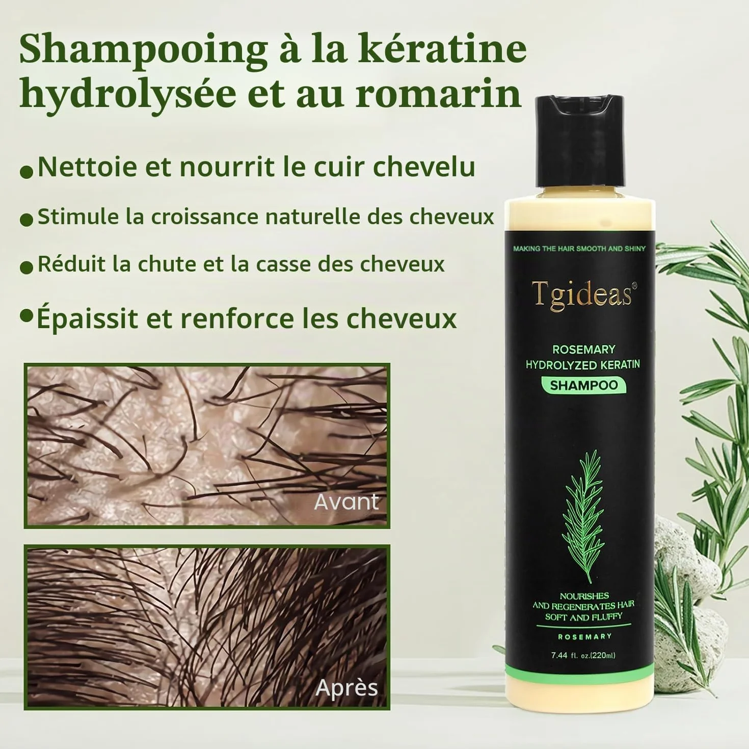 Tgideas Shampoo Bio Croissance Cheveux Sauge Romarin Renforcer Épaissir Kératine Hydrolysée Cheveux Fins Chute