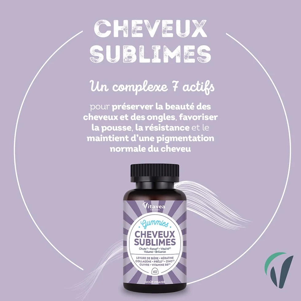 Vitavea Gummies Cheveux Sublimes Biotine Levure de Bière Kératine Zinc Collagène Anti-Chute Brillance 40 Gummies Fruits Rouges