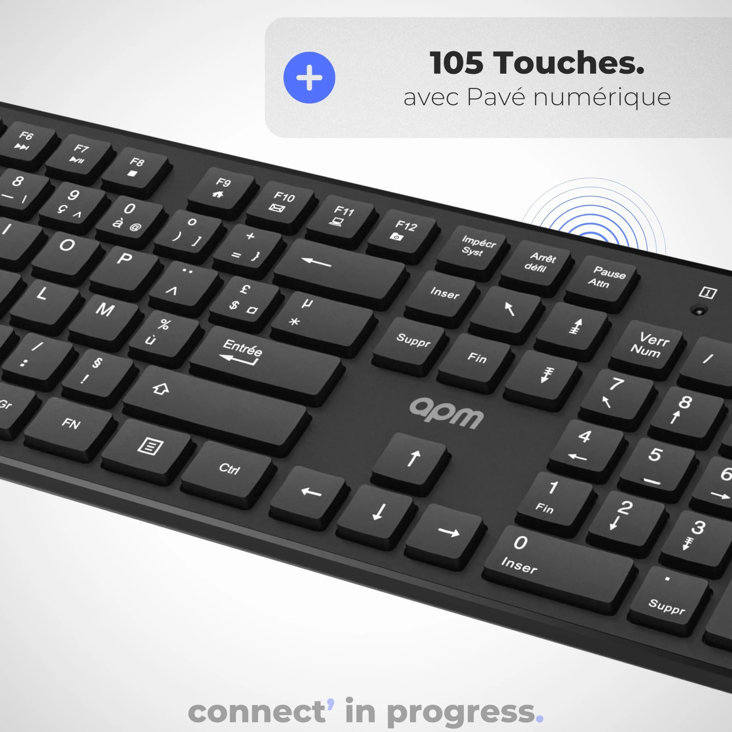 APM Clavier Sans-Fil AZERTY 2.4GHz 105 Touches Ergonomiques Compatible PC Portable MacOS Windows Linux