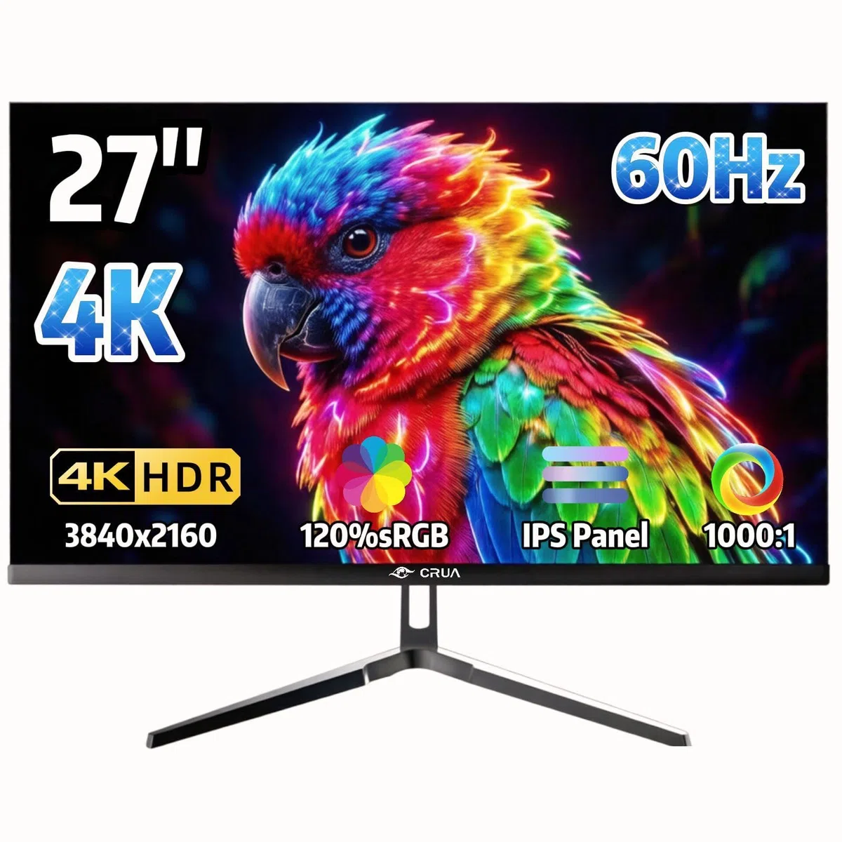 CRUA Écran PC 27 Pouces 4K UHD IPS 60 Hz, FreeSync, USB-C Écran 4K pour Bureautique et Gaming, Dalle IPS, FreeSync, USB-C, HDMI, DP, Haut-parleurs Intégrés, Montage VESA 75x75