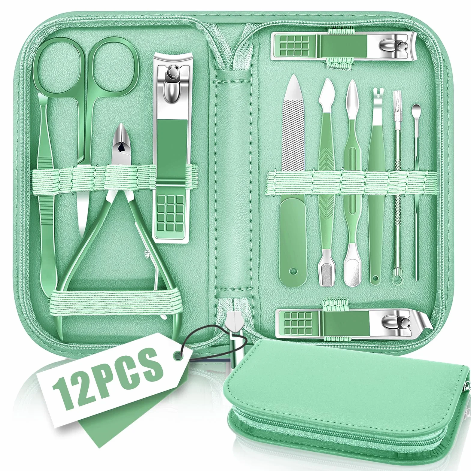 Kit Manucure Pédicure Professionnel 12 en 1 avec Sac de Voyage en Cuir Vert