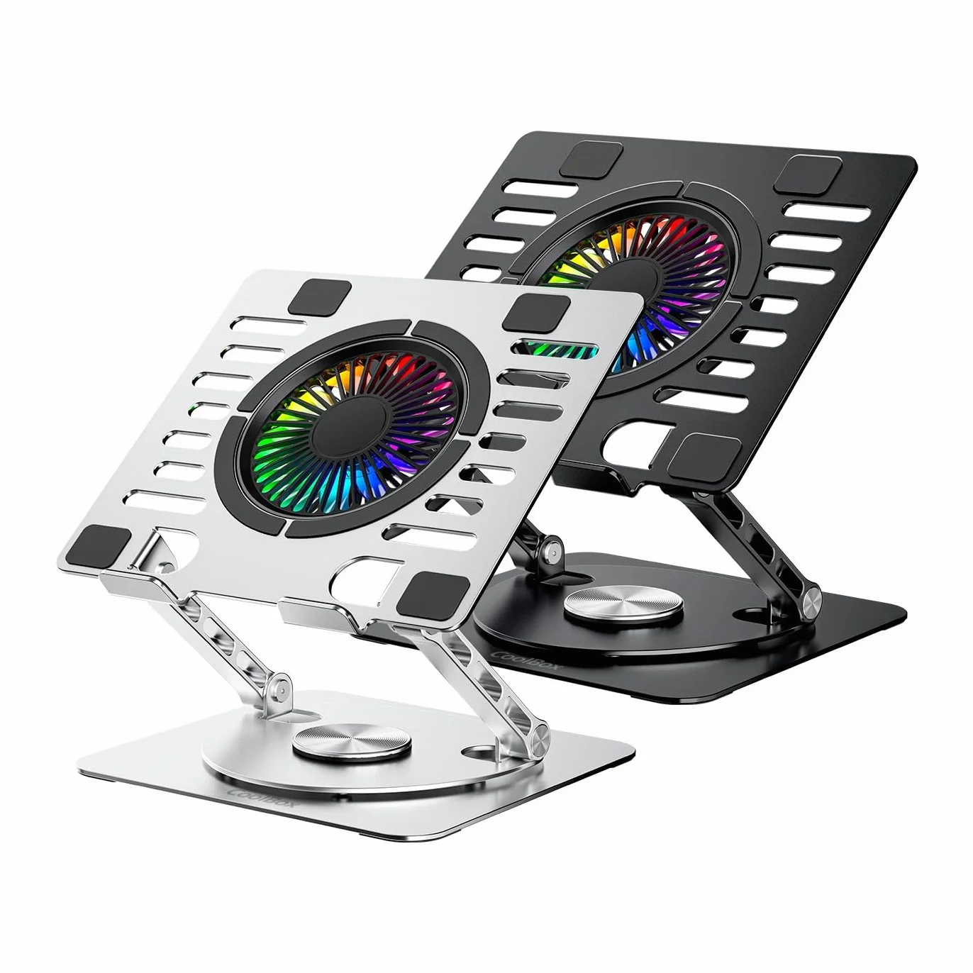 Support portable avec ventilateur silencieux RGB 11 cm pour ordinateur portable, base réglable hauteur rotation 360°