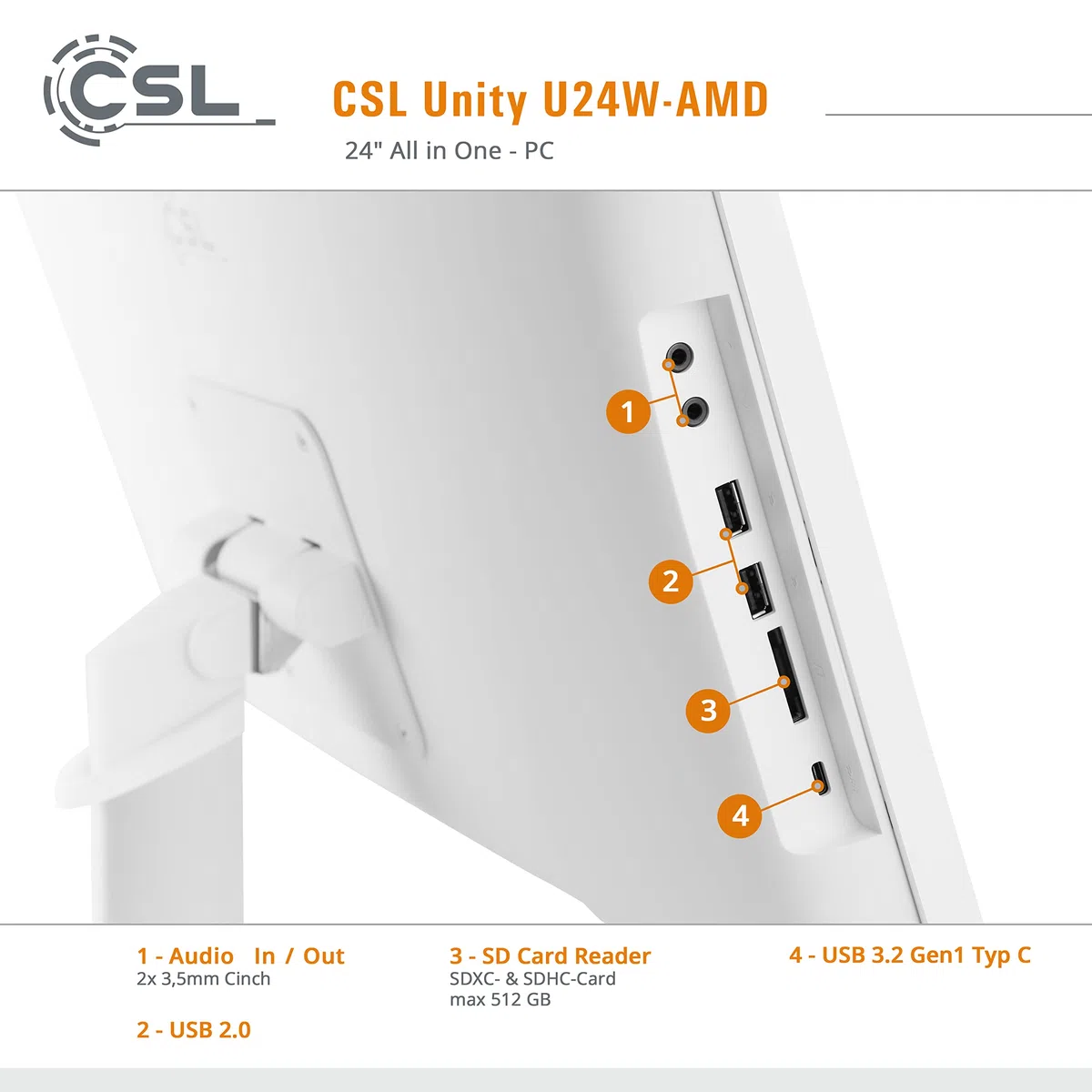 PC Tout-en-Un CSL Unity U24W-AMD, 60,5 cm (23,8 Pouces, 1920x1080 Full HD) - AIO Puissant (AMD Ryzen 7 5700G CPU 8x3800 MHz, 2000 Go SSD, 32 Go DDR4-RAM, Windows 11 Pro), Blanc