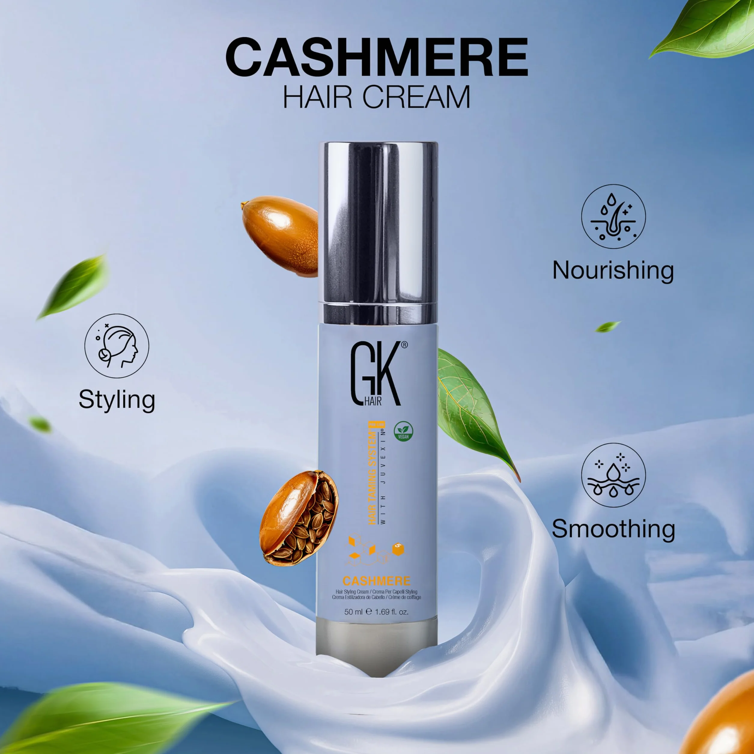 GK HAIR Global Keratin Leave in Cashmere Hair Smoothing and Styling Cream 50ml Huile d'argan anti-frizz réparation hydratante