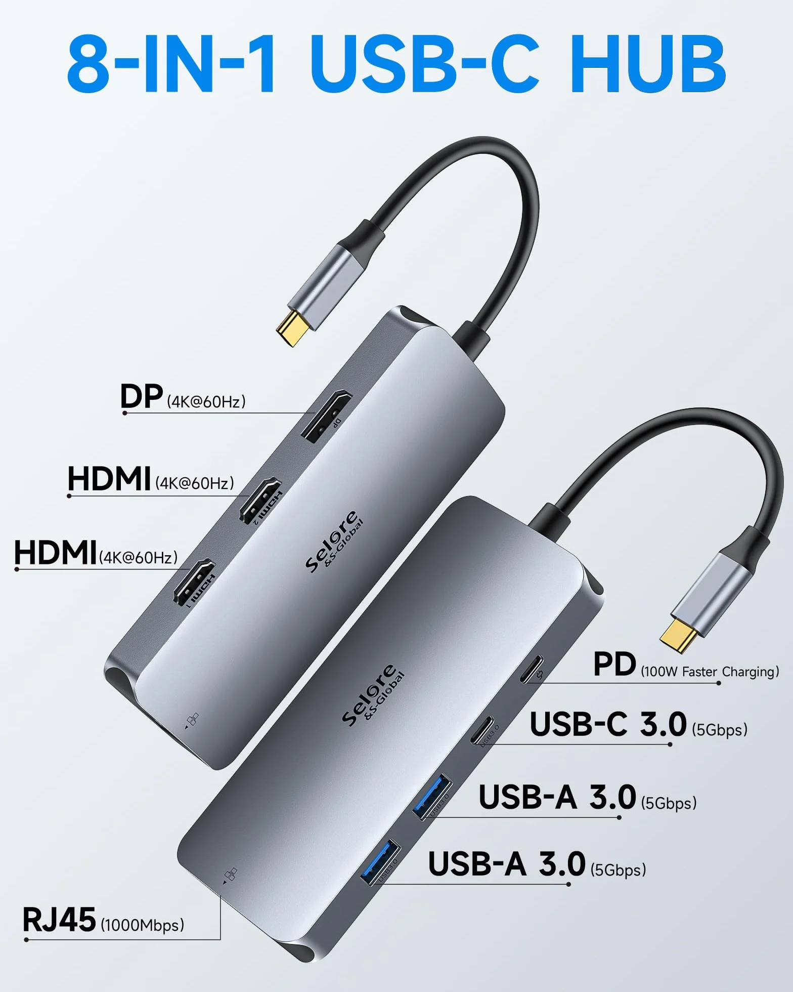 Station d'accueil USB C Dual HDMI, 8 en 1 Docking Station pour 3 Moniteurs | HUB Triple écran 4K60Hz, 2 HDMI, DisplayPort, Ethernet 1Gbit/s, PD 100W, Adaptateur de Ports USB 3.0 pour Dell, HP, Lenovo