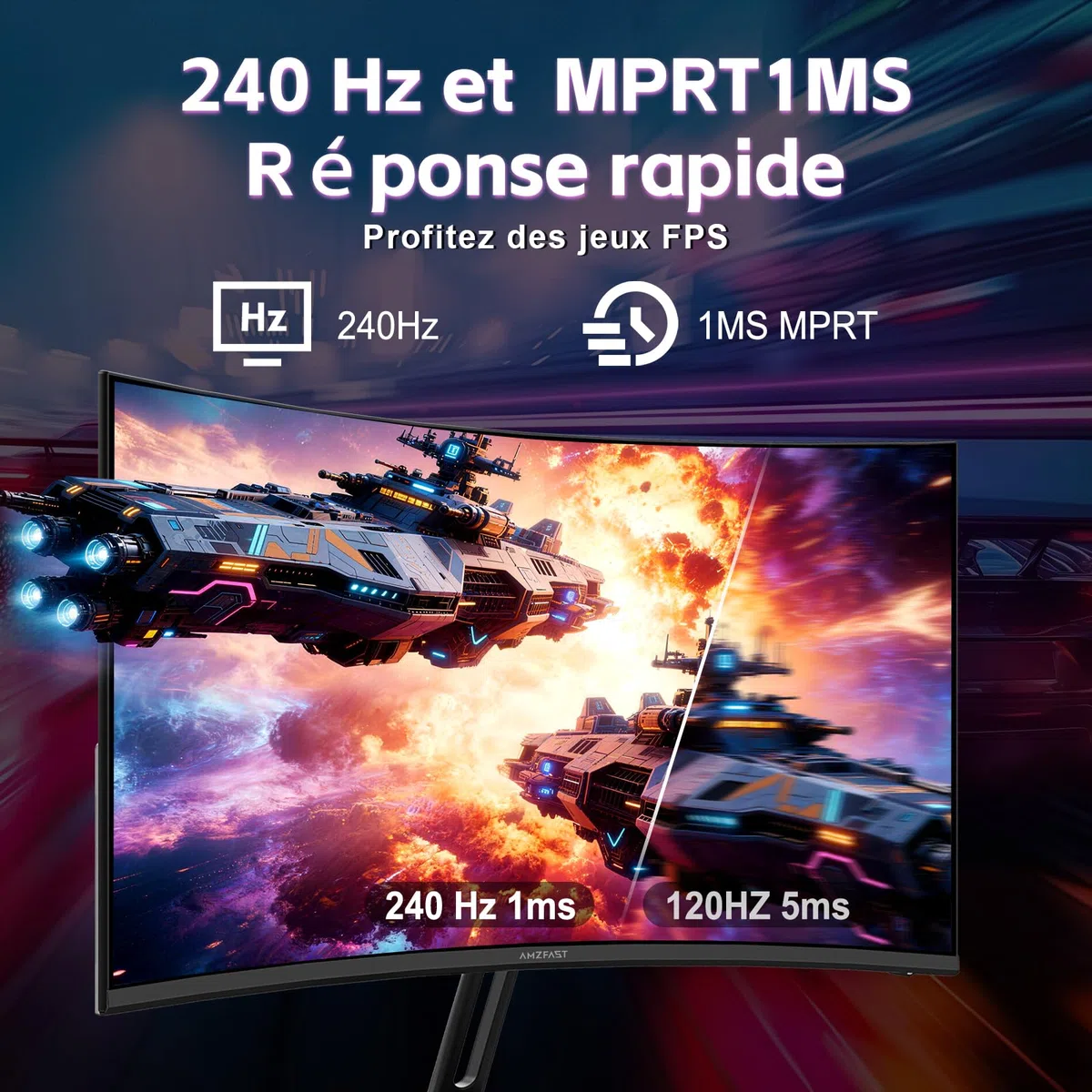 Amzfast Ecran PC Gamer Incurvé 24 Pouces 240Hz/FHD 1920x1080 Moniteur, DCI-P3 93% / sRGB 124%, 1ms MPRT, Anti-Lumière Bleue, Adaptive Sync, VESA 75x75, AMZG24C1Pro