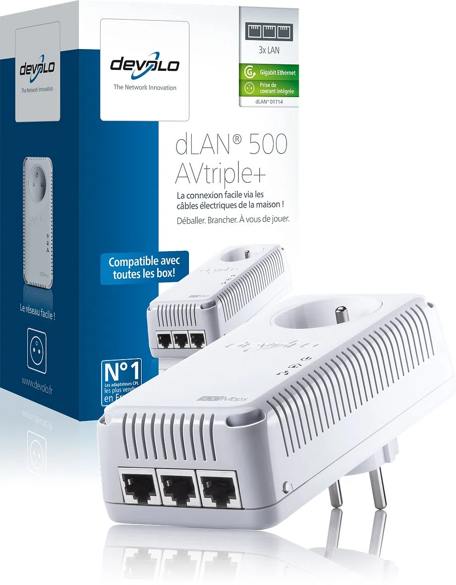 devolo 1714 - Pack de 1 adaptateur CPL (dLAN 500 AVtriple+) : 3 ports Gigabit Ethernet / prise gigogne intégrée