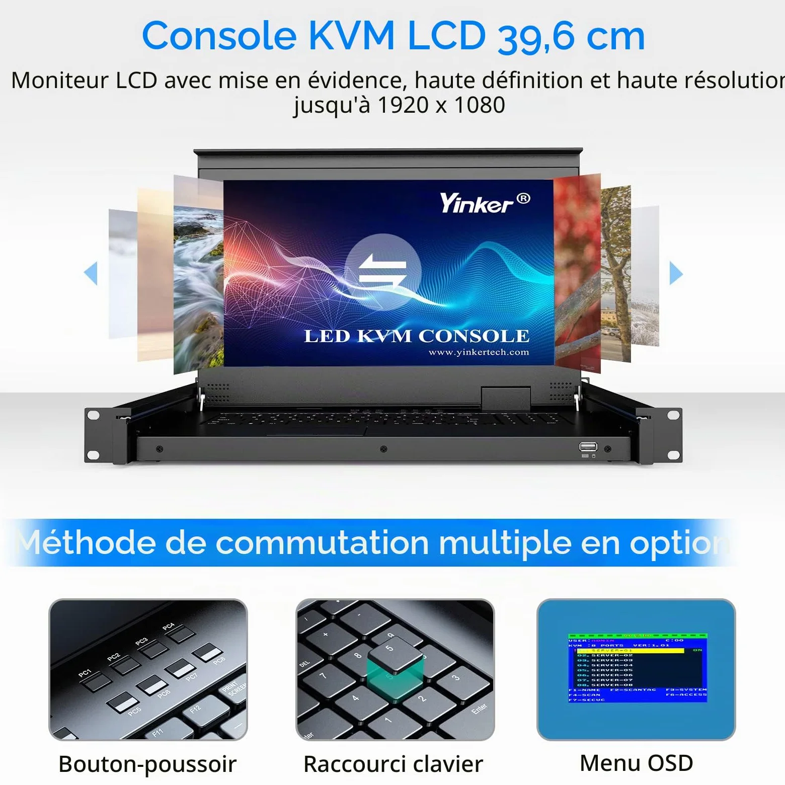 Console KVM VGA 8 ports 15,6" Écran LCD VGA Commutateur KVM Compatible avec Rack 1U 19" 600 mm de profondeur 600 mm avec clavier Touchpad Tiroir Câble KVM