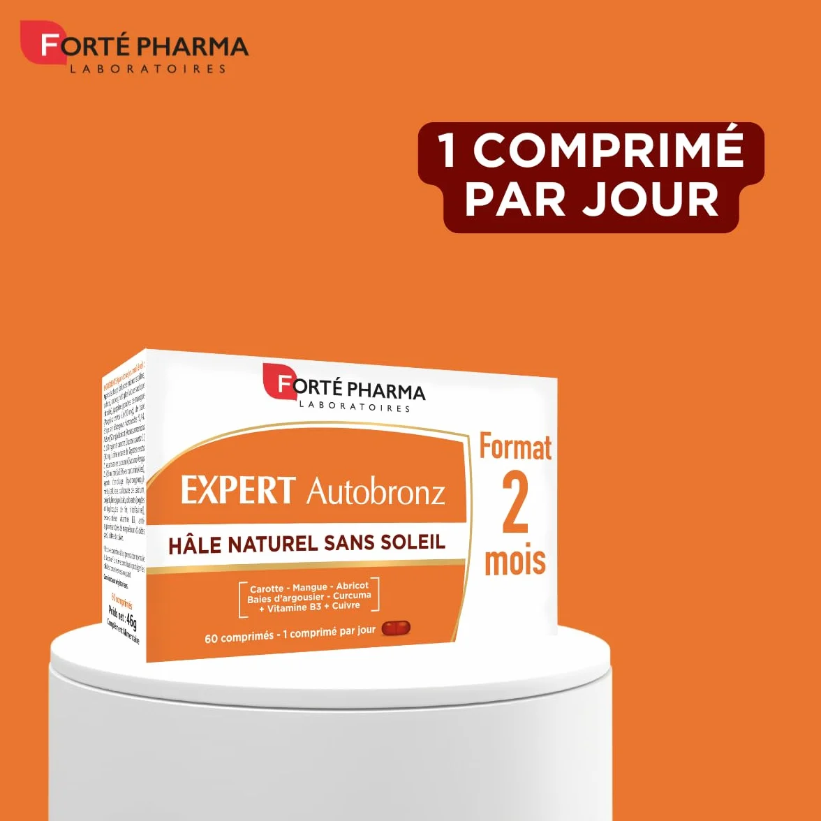 Forté Pharma Expert Autobronz Complement alimentaire bronzage Hâle naturel Autobronzant sans soleil Cuivre Carotte Mangue Abricot Curcuma Vitamine B3 60 jours
