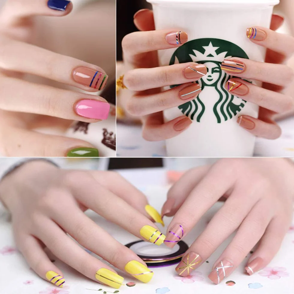 Ruban Autocollants à Ongles 32 Rouleaux Couleurs Mélangées, Accessoires Nail Art DIY Or Argent