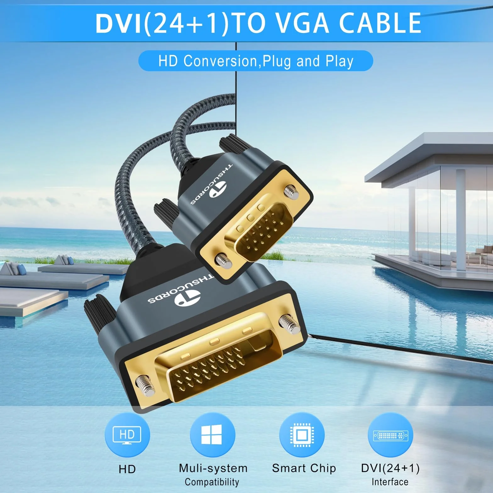 Câble DVI vers VGA 1M Adaptateur DVI-D VGA Mâle Mâle Plaqué Or Tressé 1080p Full HD
