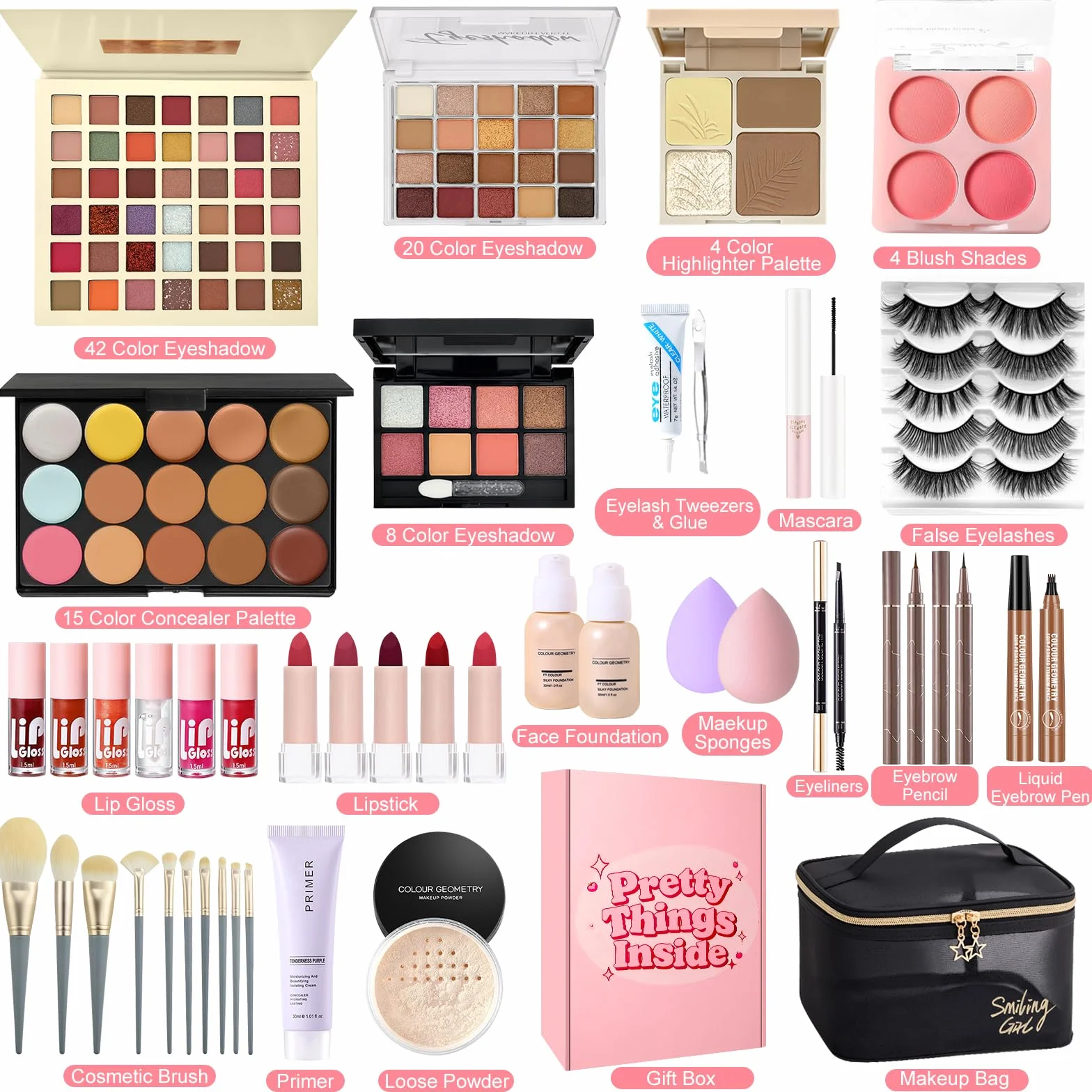 Kit Maquillage Femme, Coffret Cadeau Maquillage avec Palette Yeux Correcteurs Fond Teint Mascara Gloss Lèvres Eyeliner Crayon Sourcil Trousse Voyage