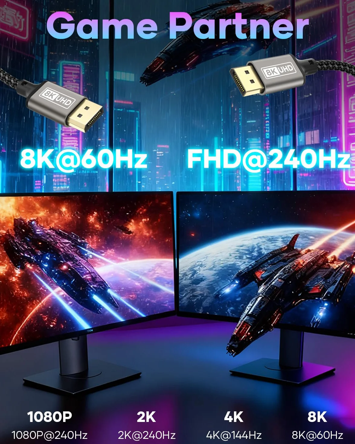 Câble DisplayPort 1.4 8K@60Hz 4K@144Hz 2K@240Hz 32,4Gbps HDCP2.2 HDR FreeSync G-Sync 1M