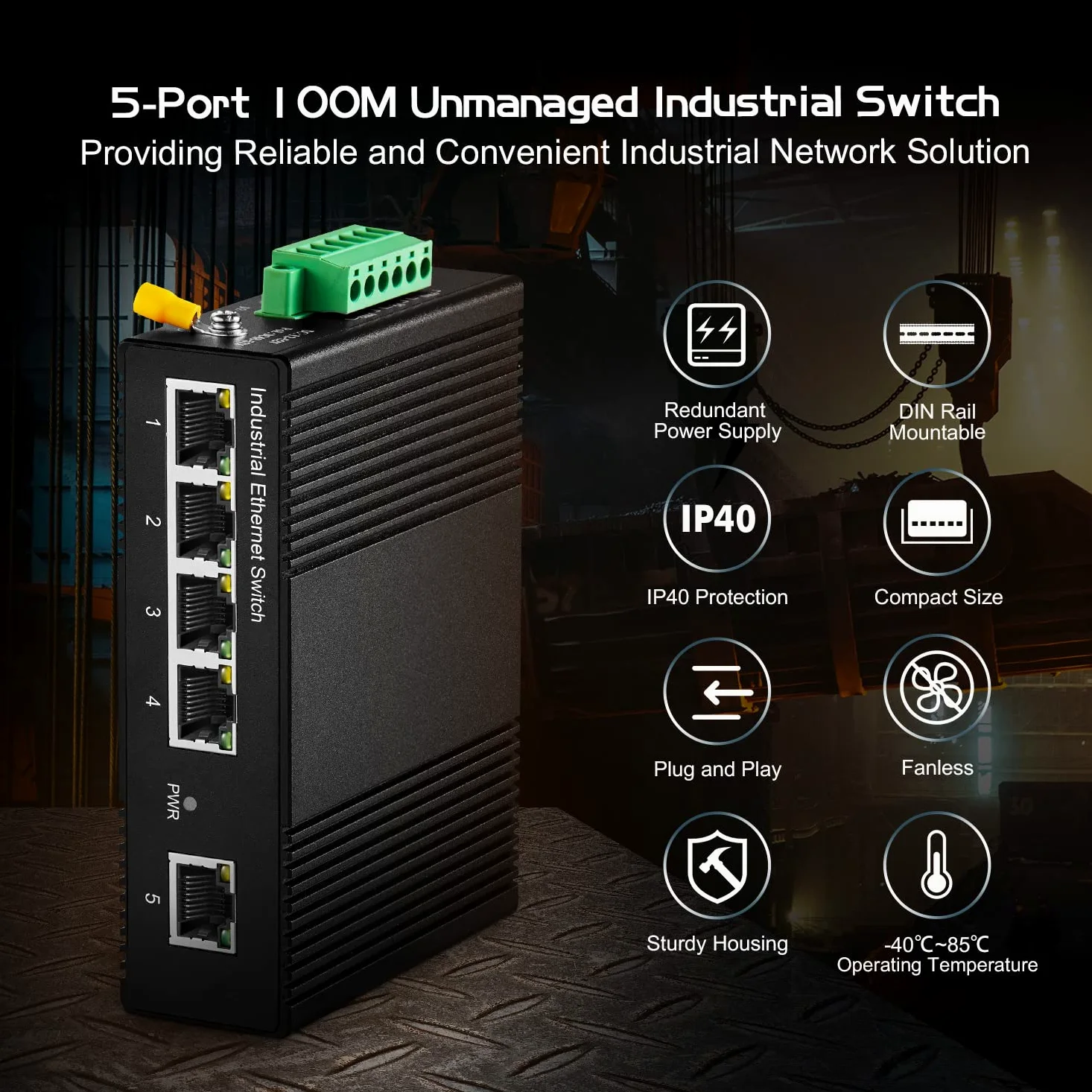 Binardat Switch Ethernet Industriel 5 Ports sur Rail DIN, 4 Ports et 1 Liaison Montante 10/100 Mbps, Montage Mural sans Ventilateur, avec Une Alimentation
