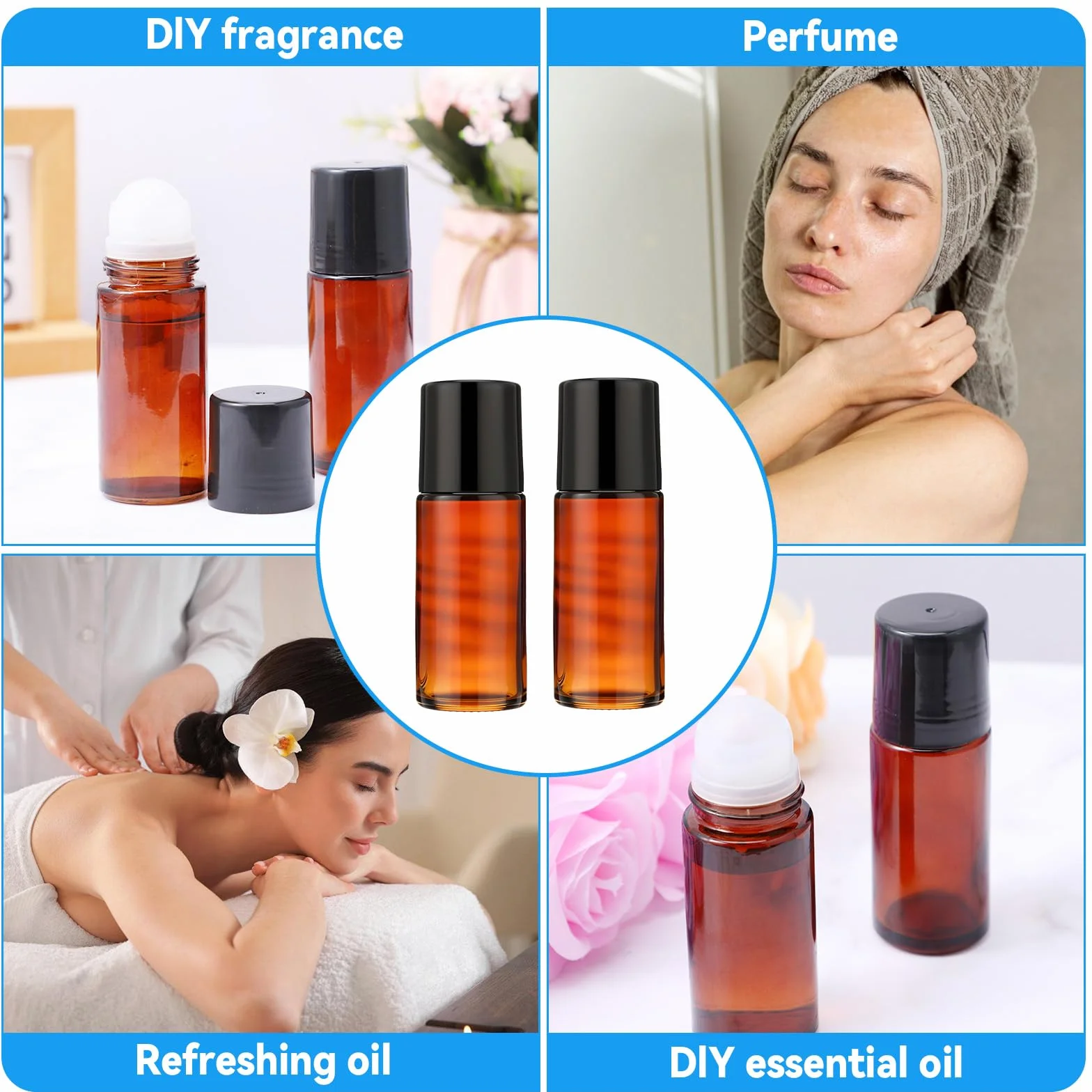 Lot de 2 flacons roll-on en verre rechargeables 50 ml pour huiles essentielles parfums cosmétiques