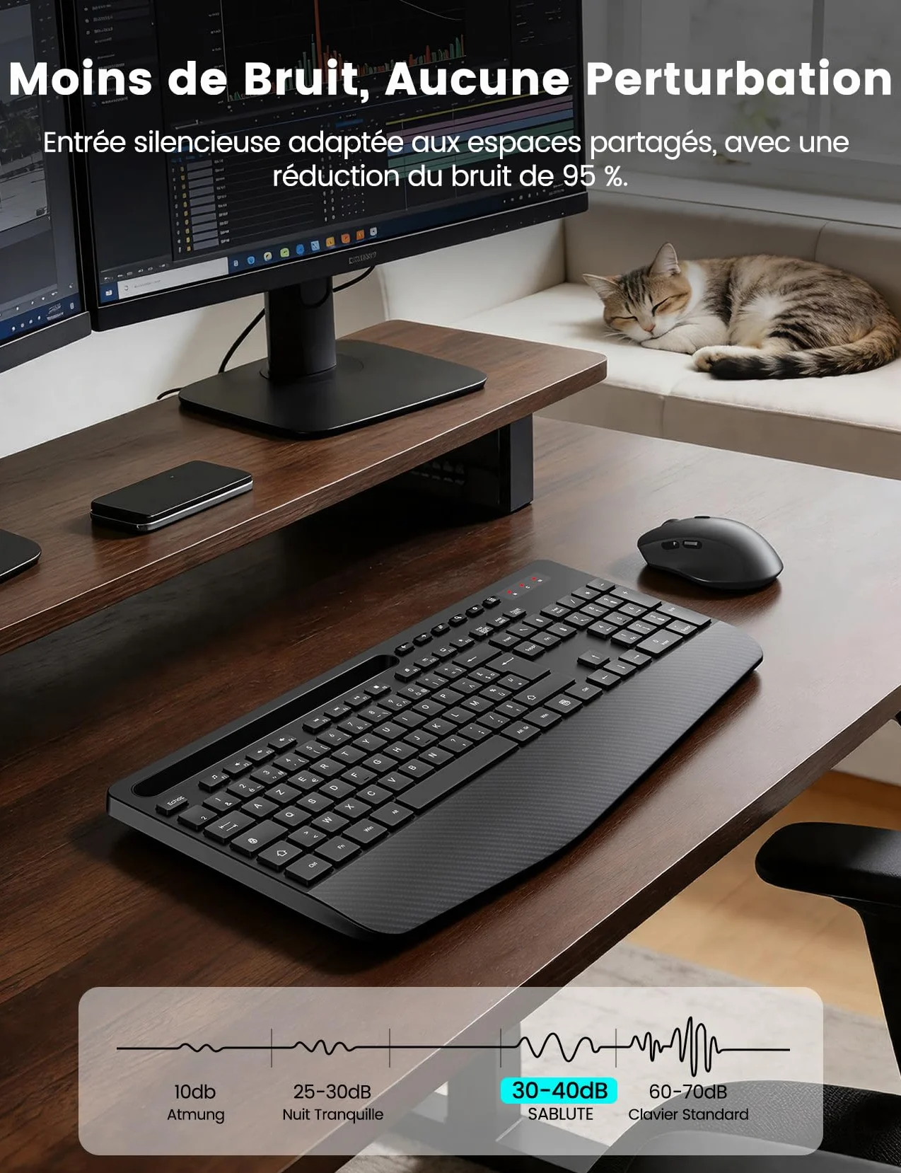Ensemble Clavier et Souris sans Fil AZERTY-KM23 Noir, Ergonomique Pleine Taille avec Repose-Poignet, Silencieux 2,4 GHz pour PC Windows