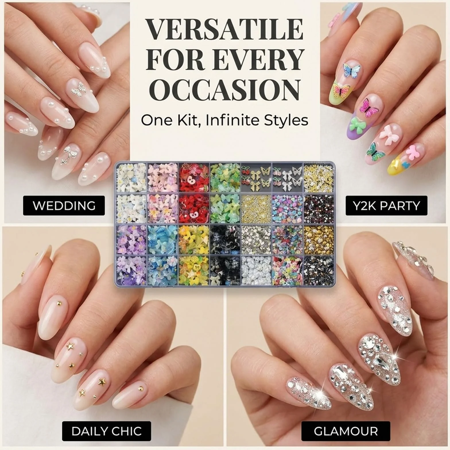 3D nail charms Set – Kit de charms pour ongles Y2K, 110 styles strass, perles, papillons DIY décoration ongulaire